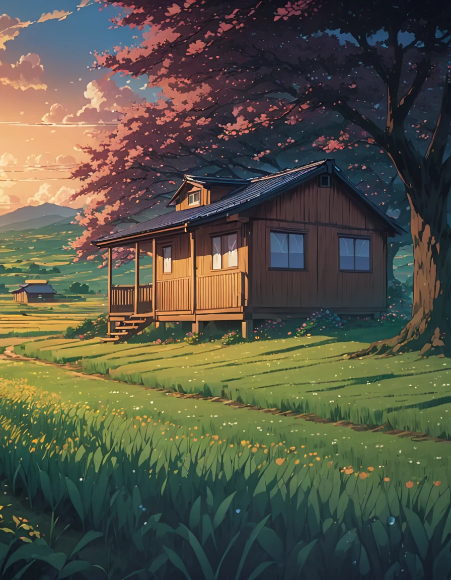 a painting of a cabin under a tree in a field, makoto shinkai cyril rolando, anime art wallpaper 4k, anime art wallpaper 4k, animated background, anime art wallpaper 8k, animated background art, anime landscape wallpaper, amazing wallpaper, hd wallpaper, 4k anime wallpaper, 4k anime wallpaper, anime countryside landscape, Highly detailed 4k digital art