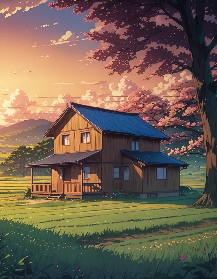 a painting of a cabin under a tree in a field, makoto shinkai cyril rolando, anime art wallpaper 4k, anime art wallpaper 4k, animated background, anime art wallpaper 8k, animated background art, anime landscape wallpaper, amazing wallpaper, hd wallpaper, 4k anime wallpaper, 4k anime wallpaper, anime countryside landscape, Highly detailed 4k digital art