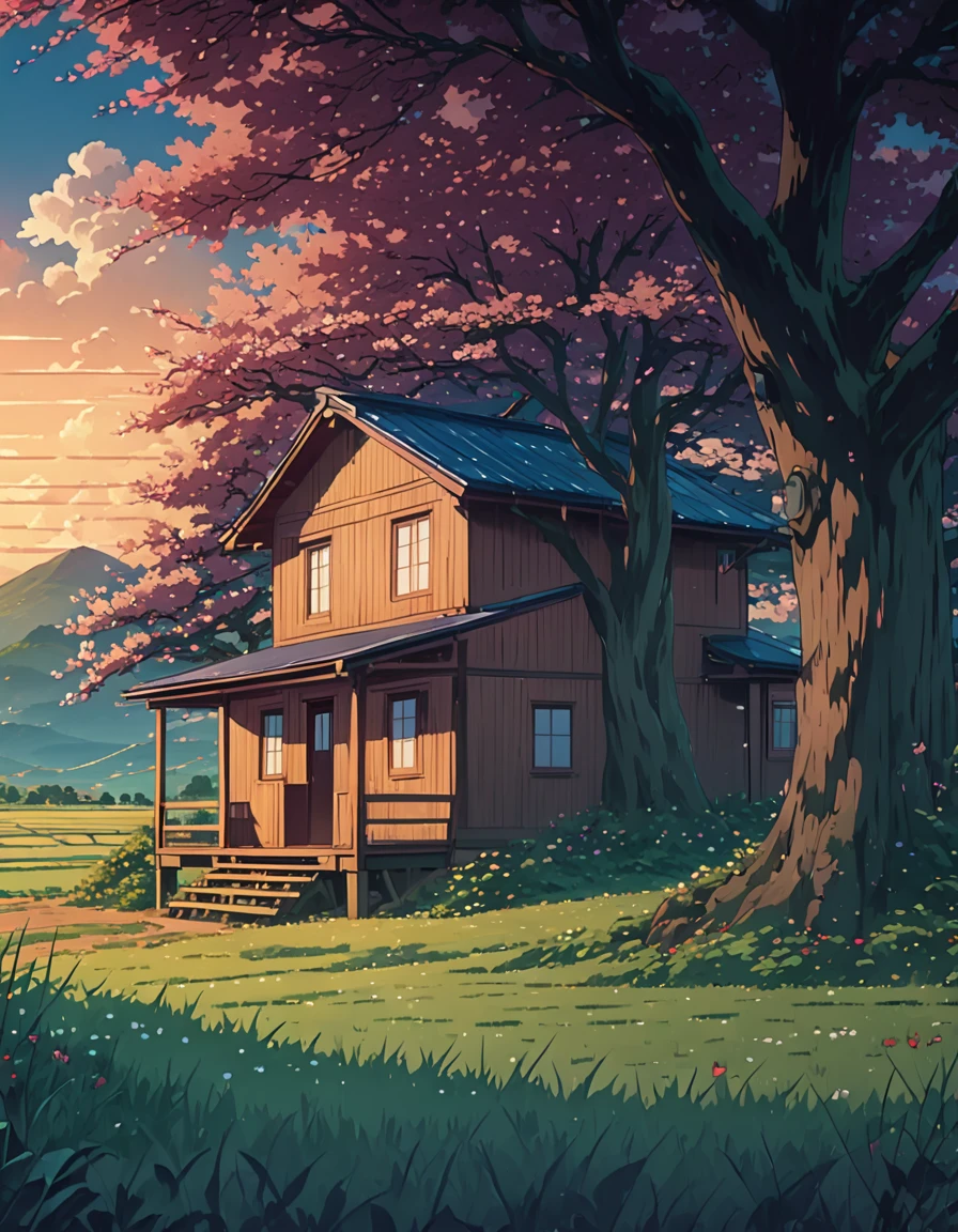 a painting of a cabin under a tree in a field, makoto shinkai cyril rolando, anime art wallpaper 4k, anime art wallpaper 4k, animated background, anime art wallpaper 8k, animated background art, anime landscape wallpaper, amazing wallpaper, hd wallpaper, 4k anime wallpaper, 4k anime wallpaper, anime countryside landscape, Highly detailed 4k digital art