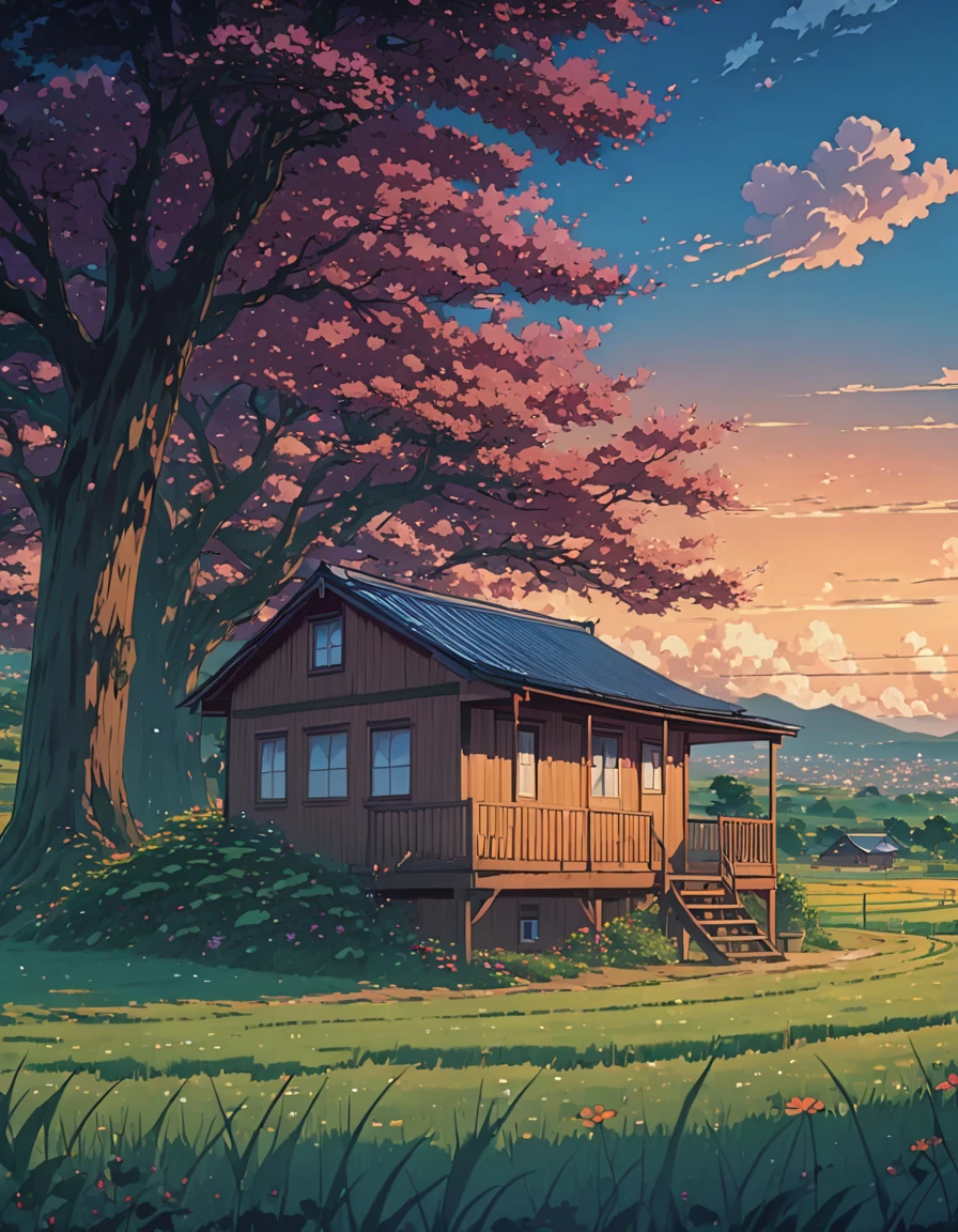 a painting of a cabin under a tree in a field, makoto shinkai cyril rolando, anime art wallpaper 4k, anime art wallpaper 4k, animated background, anime art wallpaper 8k, animated background art, anime landscape wallpaper, amazing wallpaper, hd wallpaper, 4k anime wallpaper, 4k anime wallpaper, anime countryside landscape, Highly detailed 4k digital art