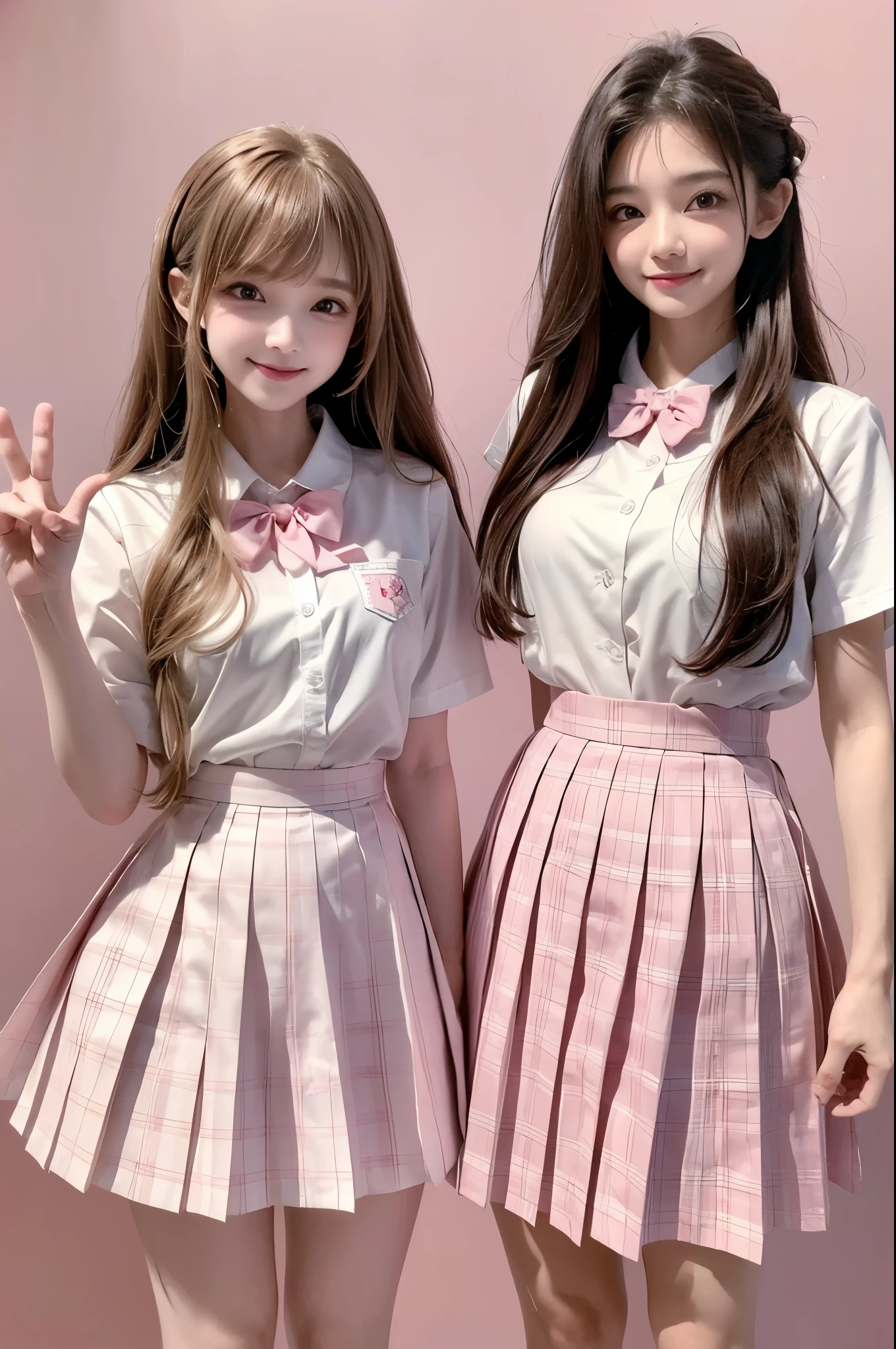 high resolution,smile,happy,light smile,woman,woman2人,adult,((two girl females)), ((piece sign)), Clear,cute,Blonde, wavy hair,long hair,BREAK, Pink brown eyes,BREAK, high school girl,uniform,White shirt,Pink checkered pleated skirt,BREAK, Facing forward,BREAK,Pink background,