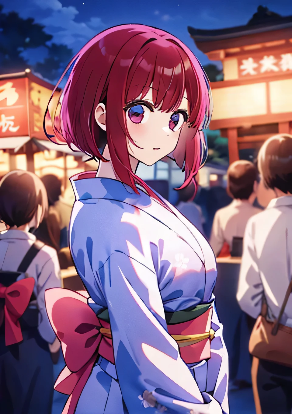 Arima Kana　Festival at the shrine　evening　Looking at the food stalls　In the crowd　Wearing a yukata