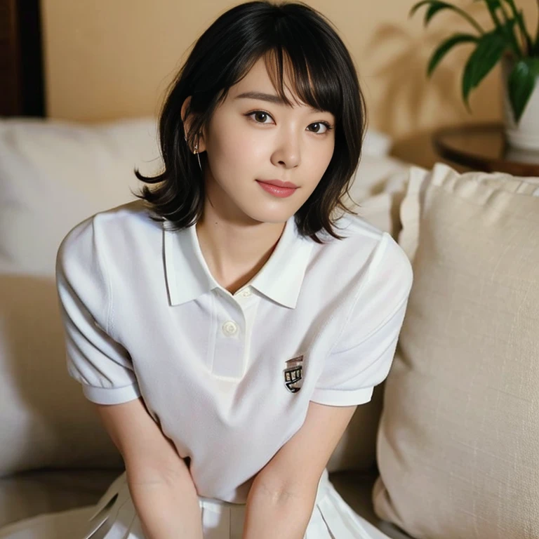 (Masterpiece, Best quality: 1.4), (Ultra realistic, Photo-realistic: 1.2), From above, From side, Full body, Sitting, Looking at viewer, Natural light, 28 years old actress, Japanese women, Neat and clean, ((Wearing white tennis uniform, White short-sleeve polo shirt with collar, Not buttoning the polo shirt, White pleated tennis skirt: 1.3)), Wearing white sock, (Ponytail: 1.2), Short wavy hair, Black hair color, (Beautiful face), Oval face, clear, Beautiful eyes, Kind eyes, Clear skin, Small face, Beautiful mouth, Small mouth, Natural makeup, Approachable, Seductive smile, (Seductive pose: 1.3), (Beautiful thighs: 1.1), Bedroom eyes, Embarrassed, Blush, Luxury hotel Suite room, On bed,