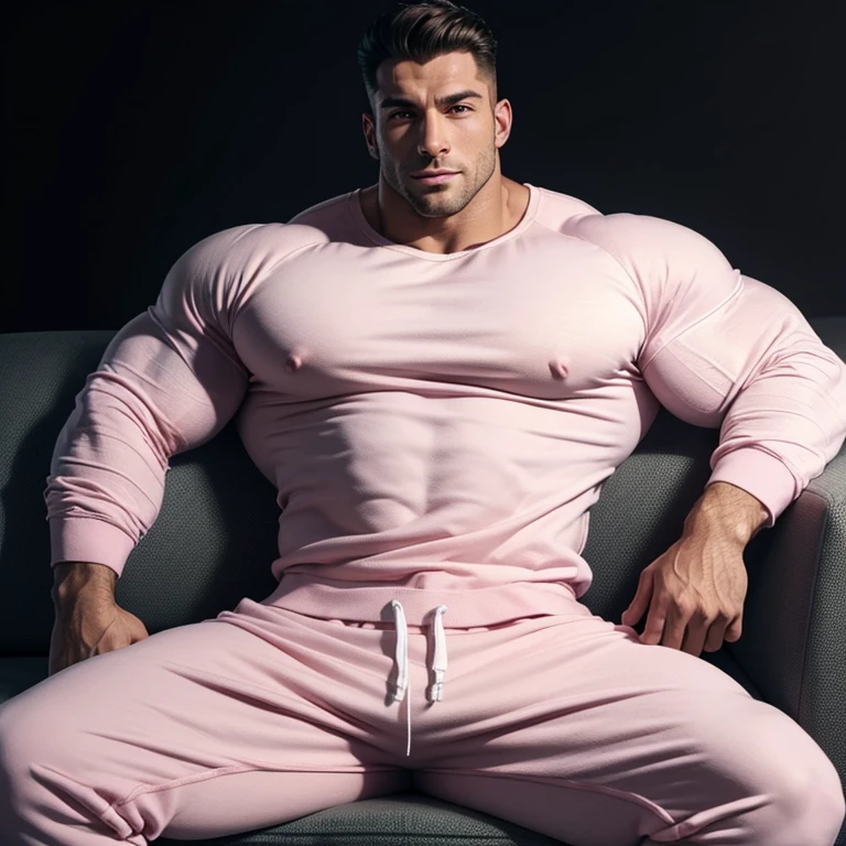 a very handsome, happy, friendly, massively muscular man, with massively large muscles, with massively large biceps, with massively large arms, massively muscular legs, wearing a simple pink sweatshirt with sleeves and white sweatpants, lying on a sofa, on a black background