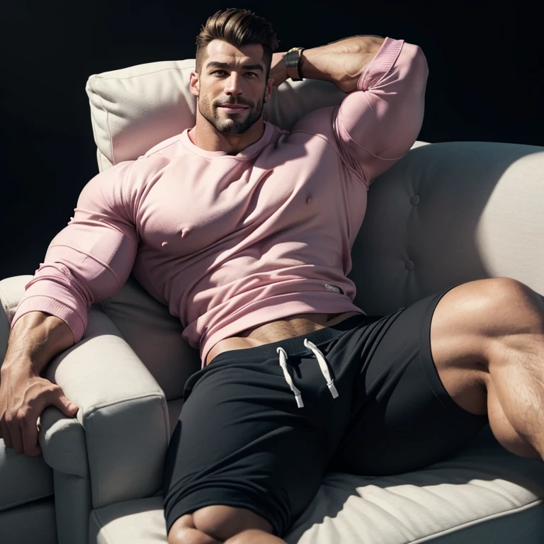 a very handsome, happy, friendly, massively muscular man, with massively large muscles, with massively large biceps, with massively large arms, massively muscular legs, wearing a simple pink sweatshirt with sleeves and white sweatpants, lying on a sofa, on a black background