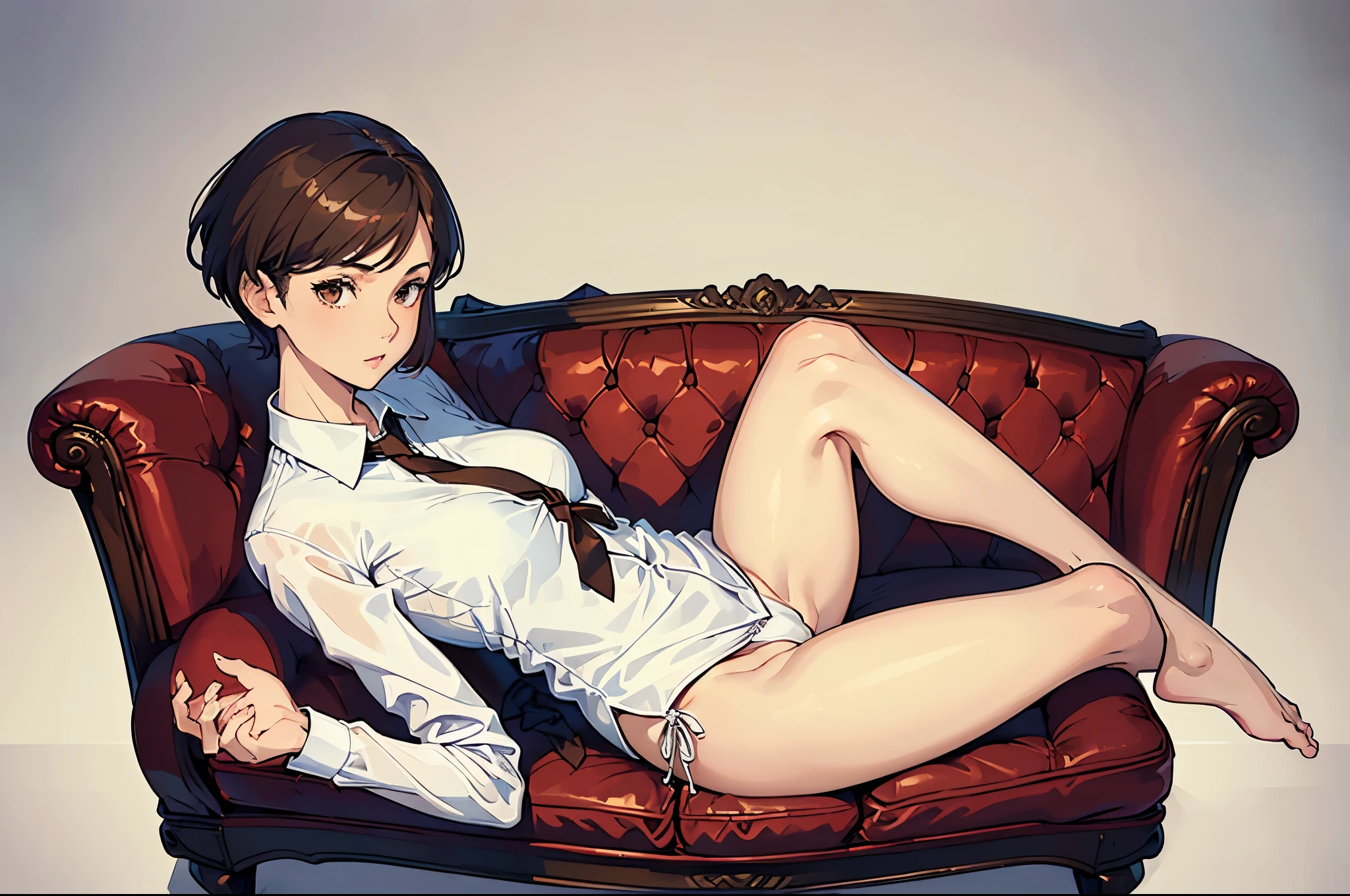 masterpiece,(Perfect Anatomy:1.5), highest quality, a lady , slender, leggy, Seductive, short hair, brown hair, (wear a white long sleeved shirt, tie:1.5), white bikini panties , Perfect hands, Perfect body, reclining, lying on a sofa, leg up , shirt lift, (barefoot), looking away, ((Exquisite detail)), Very finely crafted fingers(((10 fingers))), (((two legs))), (full body showcase), (Show your whole body), (no background), (No logo) , high resolution, parted lips, pov, jacket