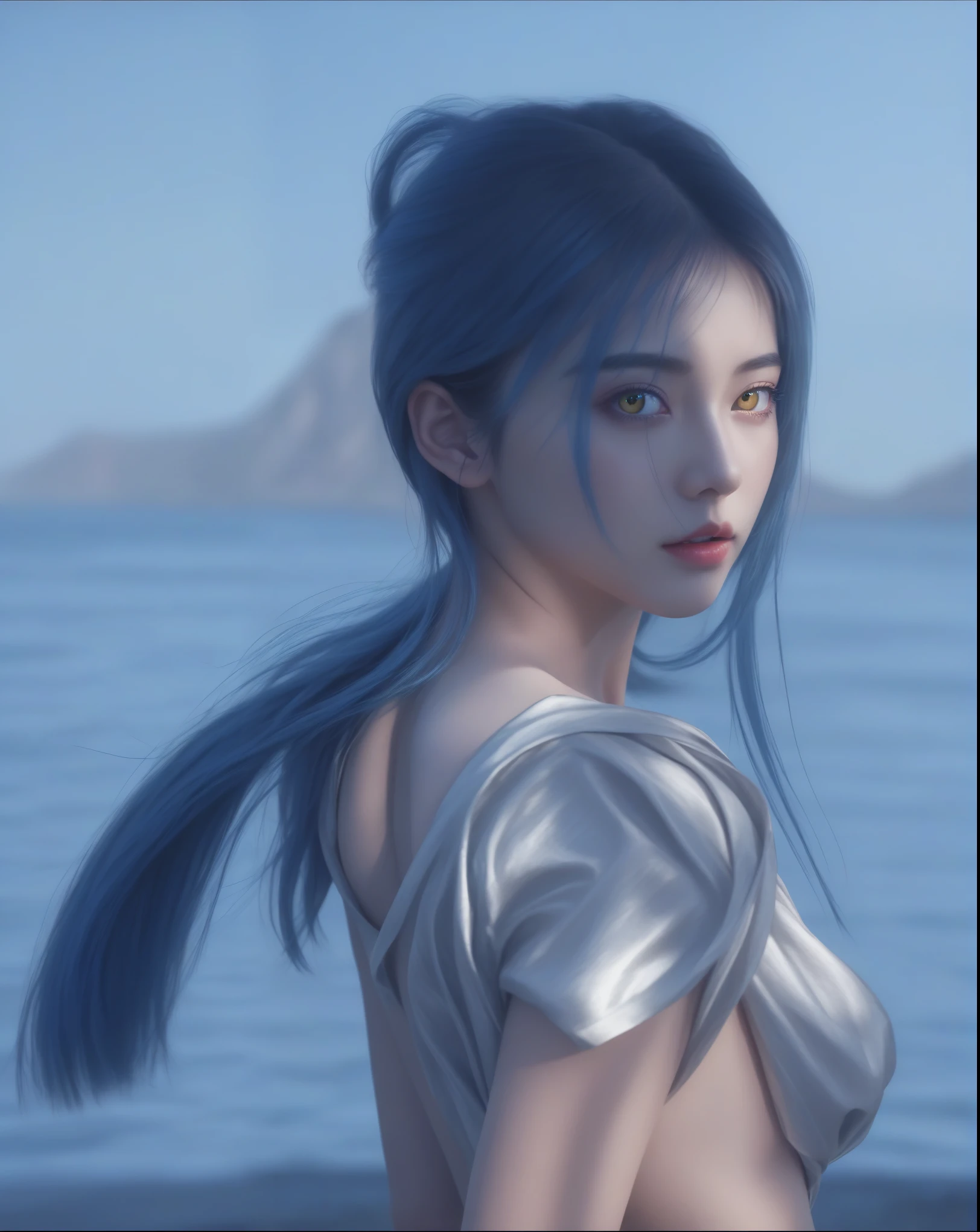 (hyperrealistic), (illustration), (high resolution), (8K), (extremely detailed), (best illustration), (beautiful detailed eyes), (best quality), (ultra-detailed), (masterpiece), (wallpaper), (photorealistic), (natural light), (rim lighting), (detailed face), (high detailed realistic skin texture), (anatomically correct), (solo), (1 girl), (high detailed realistic hair), (light blue hair:1.35), (heterochromic eyes), (detailed eyes), (light yellow eyes:1.37), (sparkling eyes), (realistic huge breasts:1.5), (exposed nipples breasts:1.35), (long legs), (slender abs), (dynamic pose), (closed tiny mouth:1.3), (nsfw), (concentrated expression), (topless), (Italian woman, K-pop idol, J-pop idol)