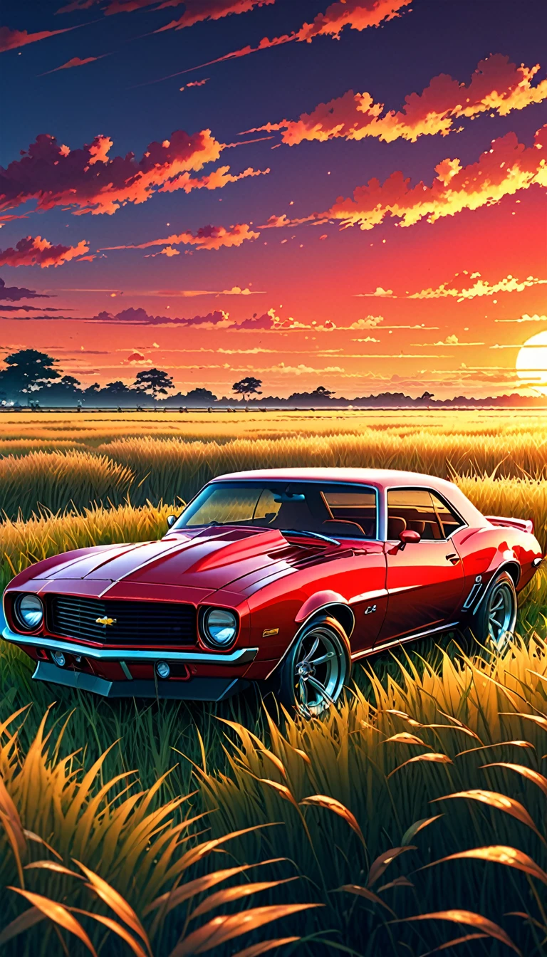 anime landscape of a classic red Camaro sitting in a field of tall grass with a sunset in the background.beautiful anime scene, beautiful anime peace scene, makoto shinkai cyril rolando, beautiful anime scene, amazing wallpaper, anime art wallpaper 8k, animated background, artistic animated background, 4k anime wallpaper, 4k anime art wallpaper, Anime Wallpaper Art 4K,