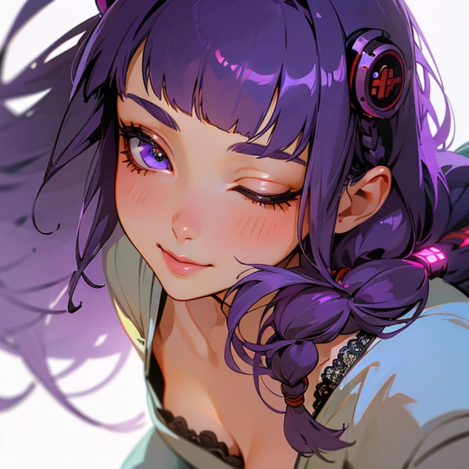 1 girl, Blunt bangs, Braiding, Wide sleeves, hair ornaments,Obi says, (Purple Hair:1.2), Very long hair, Straight hair, Looking at the audience, Highly detailed background, (Realistic:1.2), Beautiful Eyes, Red eyeshadow, thigh, (Urzan-6500:0.7), Upper Body, (alone:1.2), (Cyberpunk City:1.1), Cleavage,,Glowing Skin、(Navel exposed).((Face close-up))、((smile))、(Lace clothes).((Kiss with your eyes closed)).