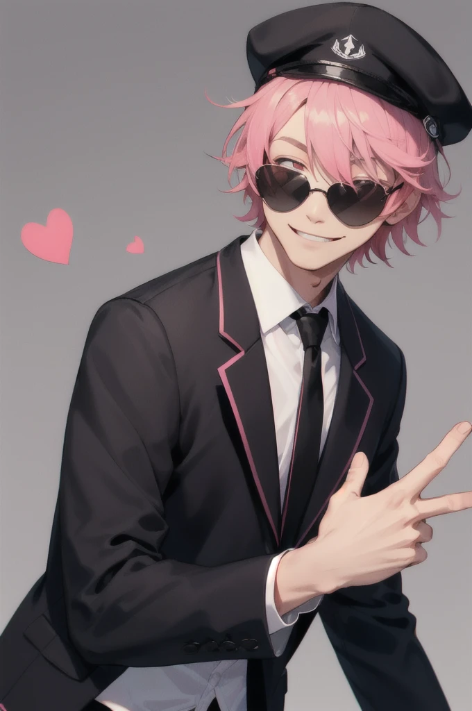 Short hair, pink hair, black school cap, black school uniform for men, double peace sign, nasty smile, pink heart-shaped sunglasses masterpiece, High resolution, Highest quality,