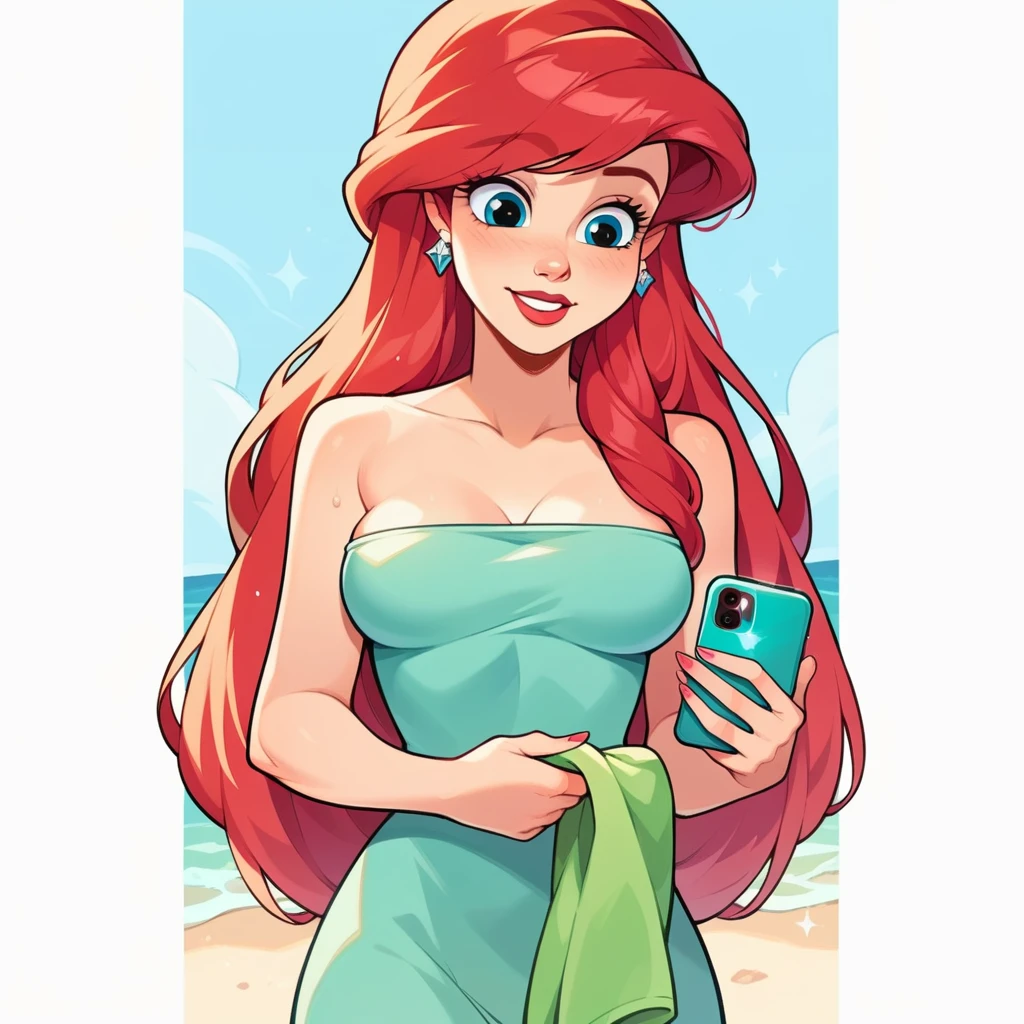 score_9_presence, score_8_up, Ariel, wrapped in towel, medium breasts, holding phone
 