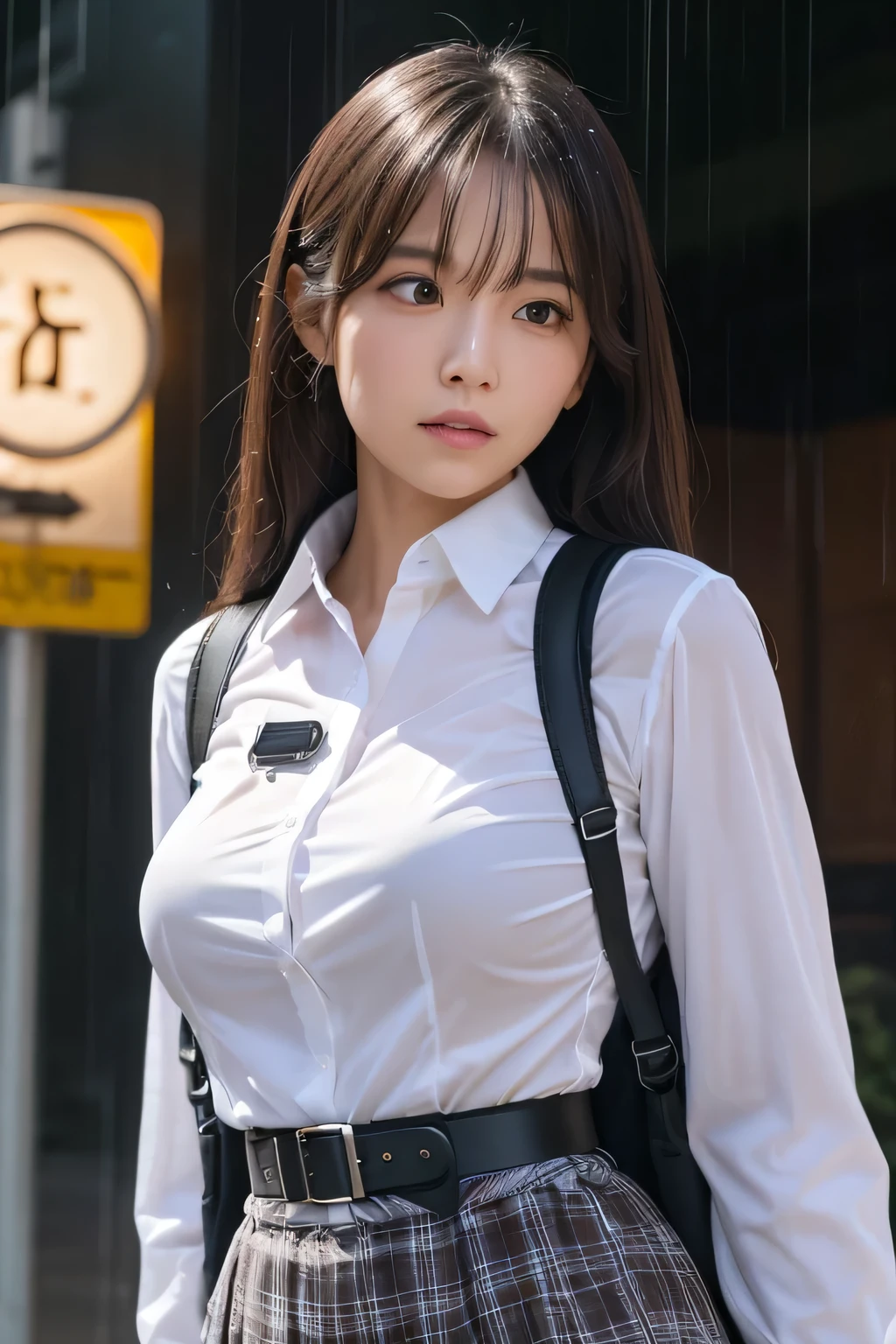 1 female, , high quality, masterpiece, Ultra-high resolution, Cinema Lighting, 1 female, , high quality, masterpiece, Ultra-high resolution, , Cinema Lighting, suspenders Moderate breasts Small face Looking up Sweat Thin belt buzzer 脇Sweat Garter belt Belt on pants holster Hands behind your back Looking up Anxious face Knee-high Knee socks Knee-highソックス garter ふとももにGarter belt Checkered mini skirt Panty shot Skirt gap Armament Leg holster holster Hands behind your back Anxious expression Anxious face, legs apart Armament Leg holster holster See-through clothing heavy rain Rain-soaked dress shirt, Black mask