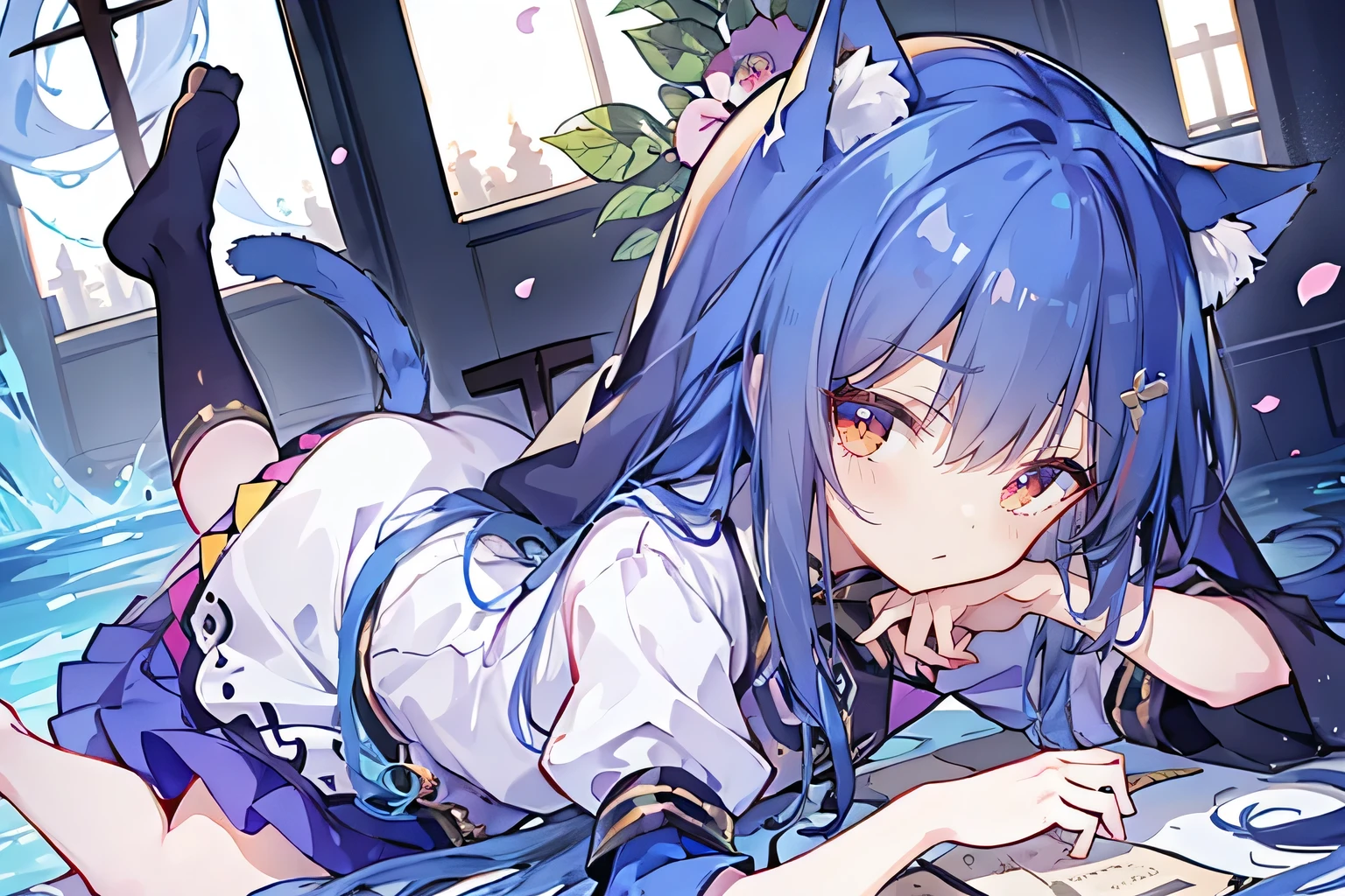 (masterpiece:1.2),Extremely detailed,Practical,expressive eyes,Fair skin,Perfect face shaping,1 Girl,
Japanese cartoons,Gorgeous blue hair, the long flowing blue hair,Floating clothes,Cat ears,Petals fall,beautiful lola,Young Angel,
Place your hands on your waist,sit elegantly on the ground,Cross your legs,Gentle and peaceful background,church,nun，Place your hand on your lips，Shy face。
