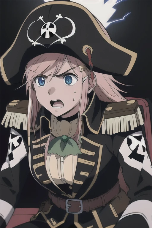 masterpiece, best quality, 1girl, detailed face and eyes, big breasts, cleavage, Katou Marika, close-up, (black pirate costume), belt, (black cargo pants), (black pirate hat), looking down, angry facial expression, (shocked eyes), sweat, open moith, scream,  (simple dark background), sit down, (electric chair), (electrocution, electric shock, lightning