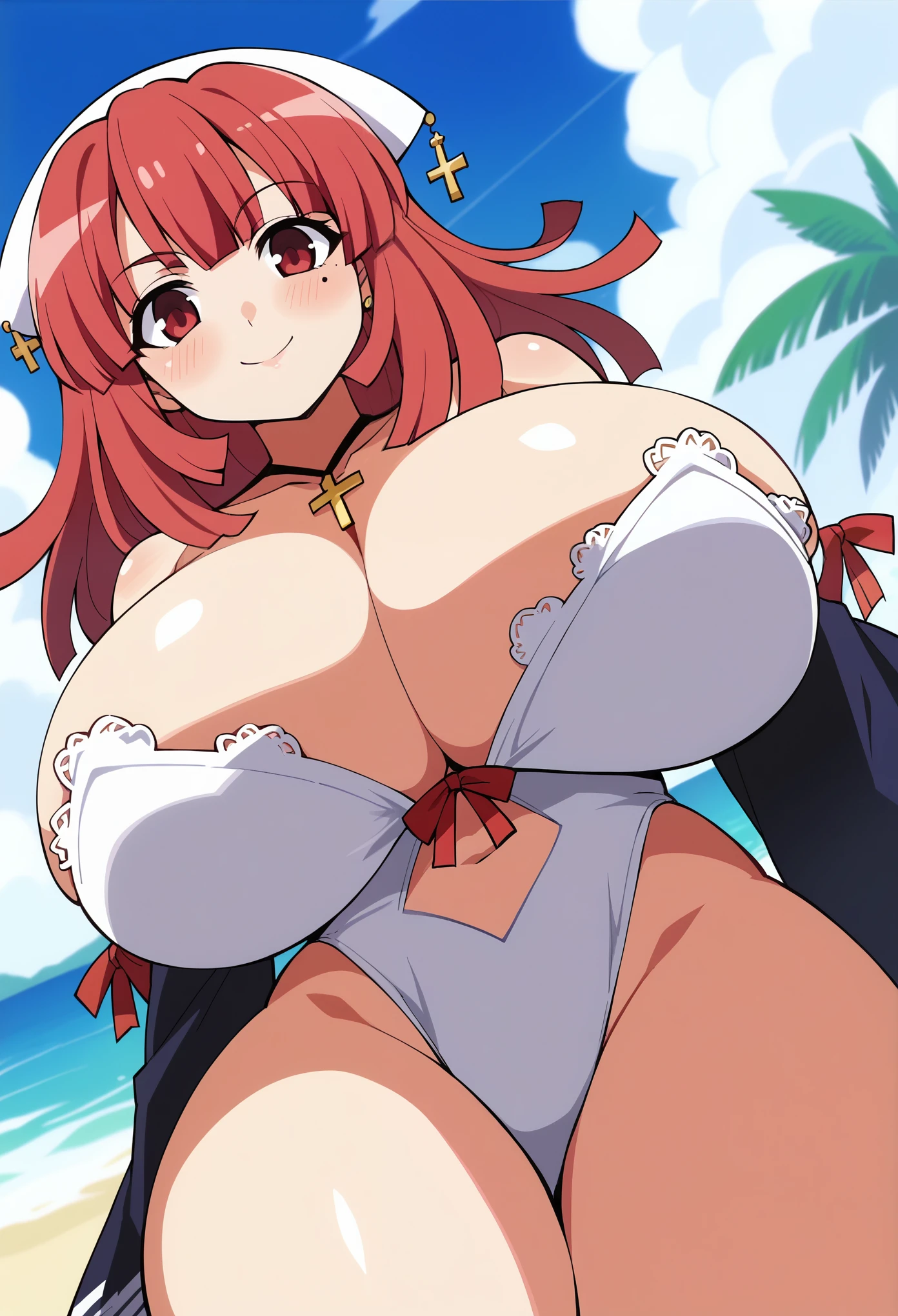 score_9, score_8_up, score_7_up, source_anime, anime coloring, anime screencap, megami magazine, BREAK 1girl, prier, gigantic breasts, red eyes, red hair, long hair, mole under eye, thick thighs, strapless, off shoulders, bikini, beach, happt smile, blush, seductive, upper body, from below, dutch angle