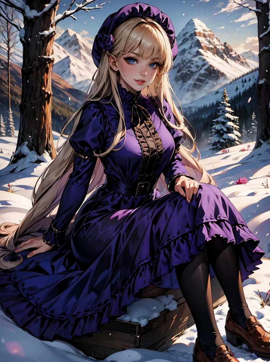 masterpiece, best quality, winter, snow field, 1girl, bangs, blue eyes, blunt bangs, bonnet, brown footwear, blonde hair, maid dress, frills, full body, long hair, long sleeves, looking at viewer, pantyhose, black dress, purple flower, purple rose, rose, shoes, sitting, solo, sky, sun, mountain, forest, lake,