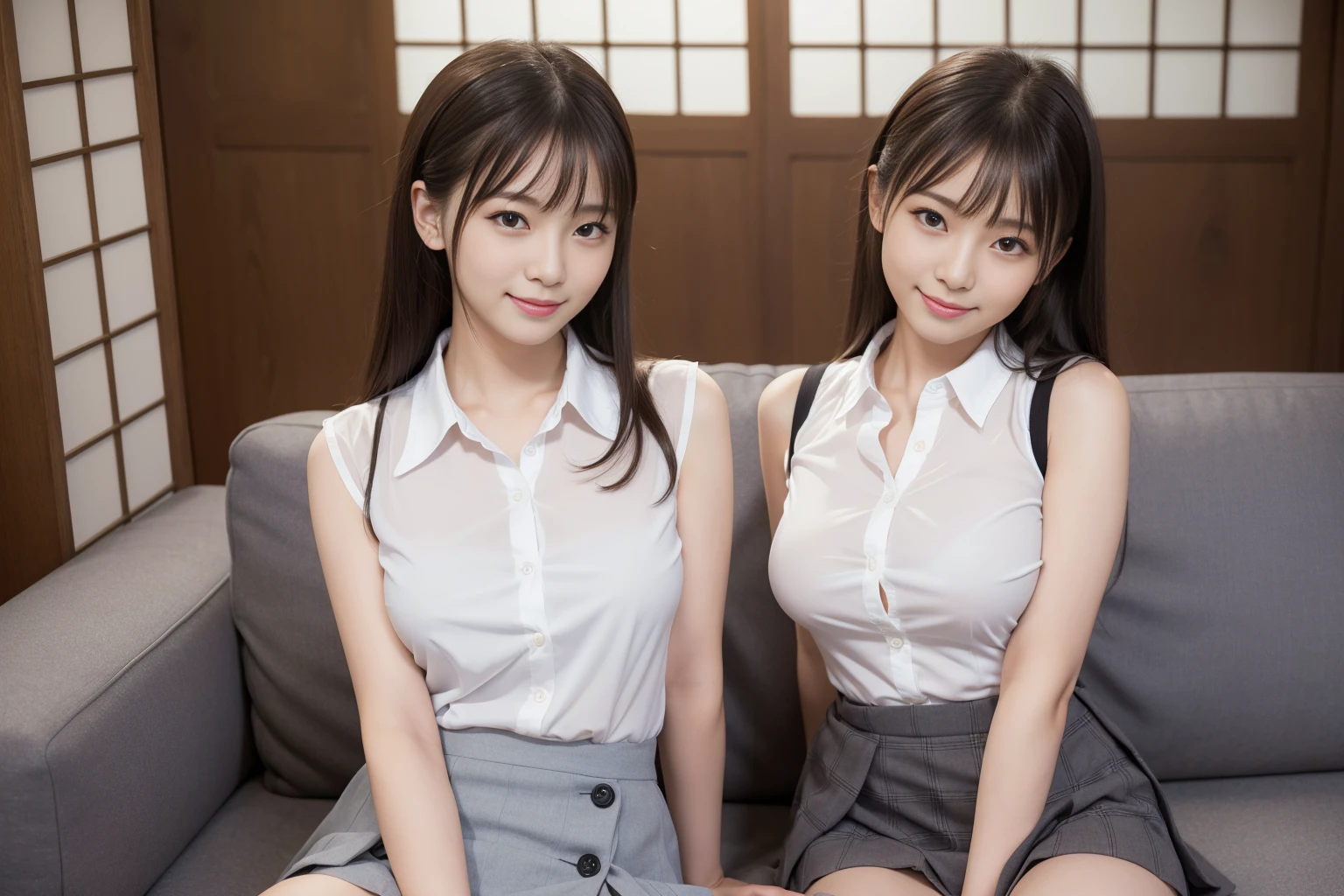 (A close-up photo of two beautiful Japanese office girls), (Both looking at the viewer), (Both standing and facing the front), (in a large office), (Both smiling), Highest Resolution, masterpiece, (Both wearing elegant formal white long-sleeve blouse, and sexy-panties and stockings), Both wearing earrings, (((big beady eyes))), Bangs-down, Both lifting up skirt