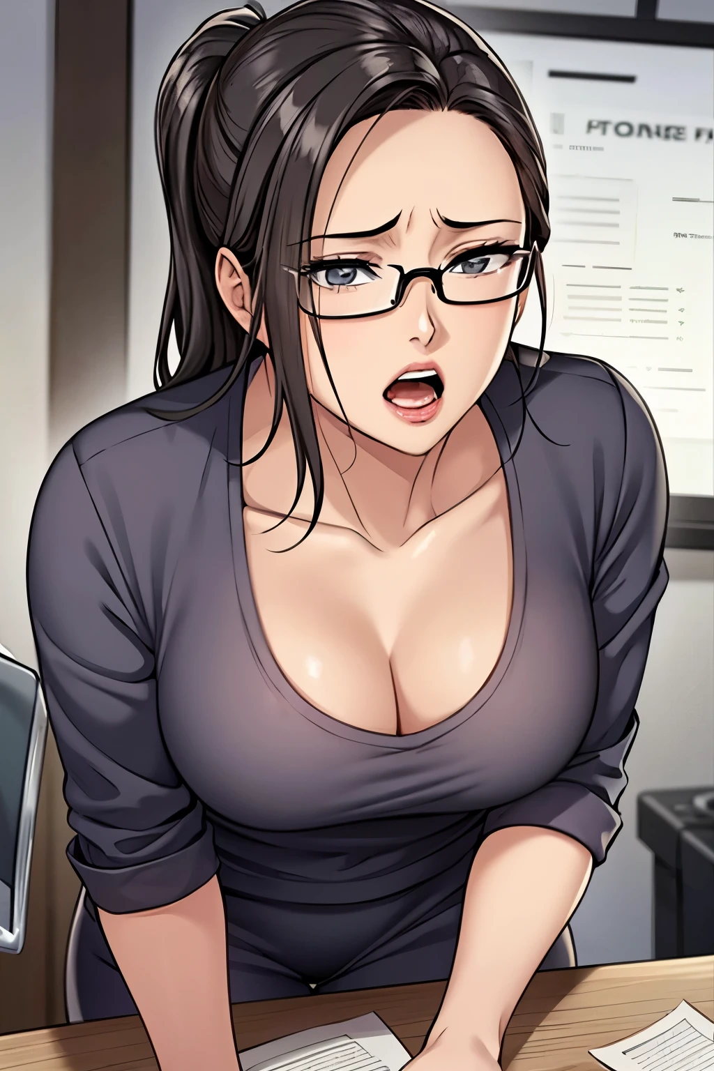 master piece,best quality,amy,queen bee, 
black hair,sunyoung,mature female,one woman,beautiful,Nsfw,
cheating,glasses,office dress,open mouth,saliva,horny,close up shot,