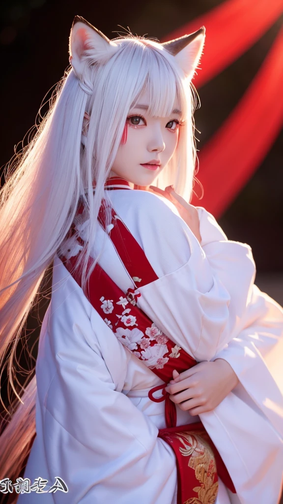 White Demon Fox、Nine-tailed Fox、Japanese women、kimono、Fair skin、Red lines on face、8K、I have long hair、night、front face