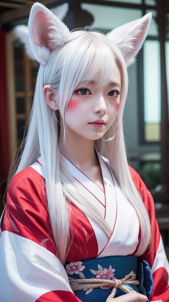 White Demon Fox、Nine-tailed Fox、Japanese women、kimono、Fair skin、Red lines on face、8K、I have long hair、night、front face