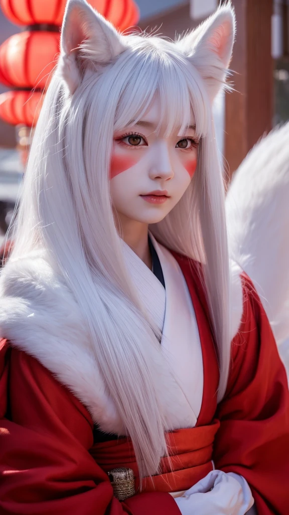 White Demon Fox、Nine-tailed Fox、Japanese women、kimono、Fair skin、Red lines on face、8K、I have long hair