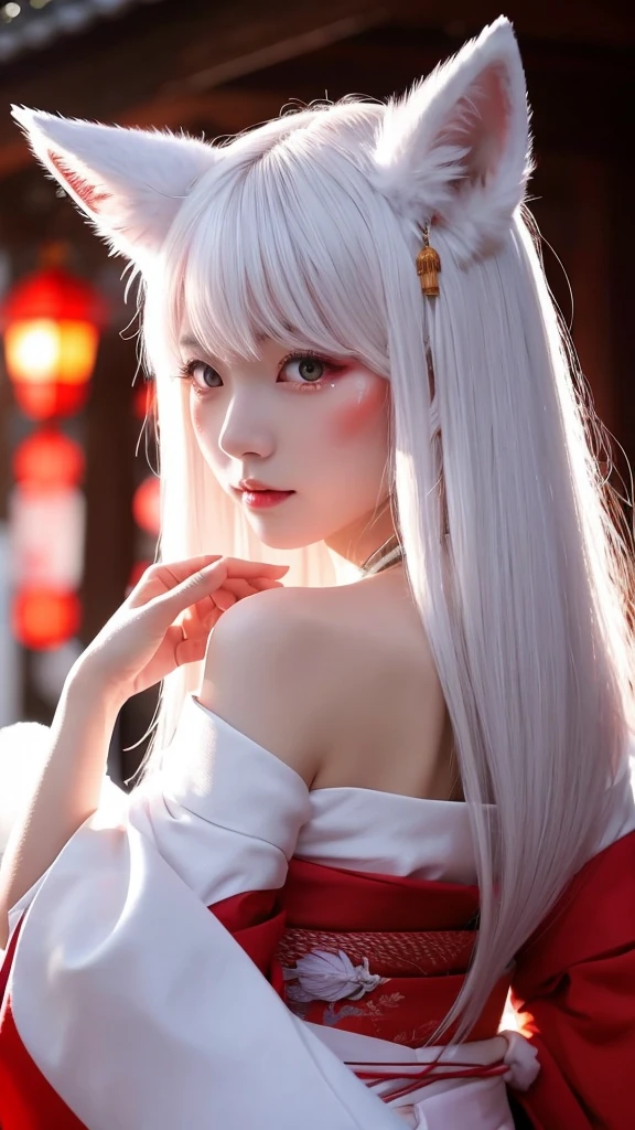 White Demon Fox、Nine-tailed Fox、Japanese women、kimono、Fair skin、Red lines on face、8K、I have long hair、night、front face