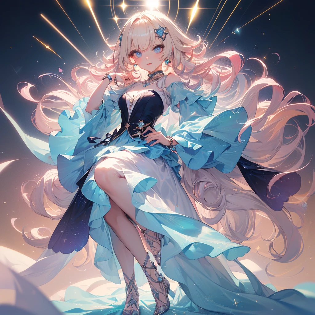 (Best Quality:1.3),4K,8K,8K Portrait,16 K,(masutepiece:1.2),1girl in,Solo,(maximalism:1.5),opal,ultra-detailliert,absurderes,(very detailed beautiful face and eyes:1.3),
(Highly detailed beautiful hair:1.3),delicate composition, (Full body:1.5),(full-length figure:1.5),
Super cute girl,(long curly Hair:1.4), light Pink eyes,light blue eyes, light purple eyes,(white blonde hair:1.4),(Pink hair:1.2),(Light blue hair:1.4),(,(Jewelry Hair Ornaments:1.3),
(jewelry eyes:1.3),(Eyelashes:1.2),(symbol in eyes:1.3),(hight resolution, Twinkle,Glitter,Lens Flare,light Particle,Shining:1.3),(Cute:1.5),