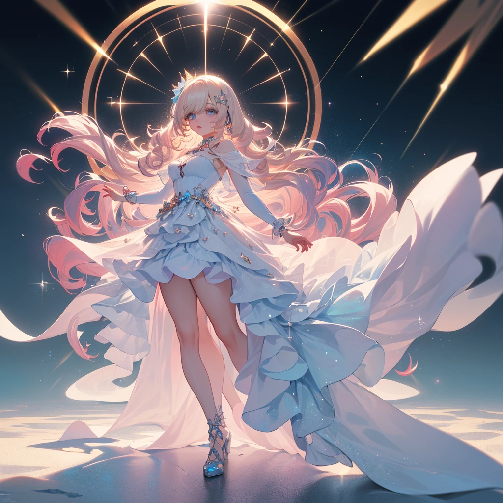 (Best Quality:1.3),4K,8K,8K Portrait,16 K,(masutepiece:1.2),1girl in,Solo,(maximalism:1.5),opal,ultra-detailliert,absurderes,(very detailed beautiful face and eyes:1.3),
(Highly detailed beautiful hair:1.3),delicate composition, (Full body:1.5),(full-length figure:1.5),
Super cute girl,(long curly Hair:1.4), light Pink eyes,light blue  eyes, light purple eyes,(white blonde hair:1.4),(Pink hair:1.2),(Light blue hair:1.4),(,(Jewelry Hair Ornaments:1.3),
(jewelry eyes:1.3),(Eyelashes:1.2),(symbol in eyes:1.3),(hight resolution, Twinkle,Glitter,Lens Flare,light Particle,Shining:1.3),(Cute:1.5),