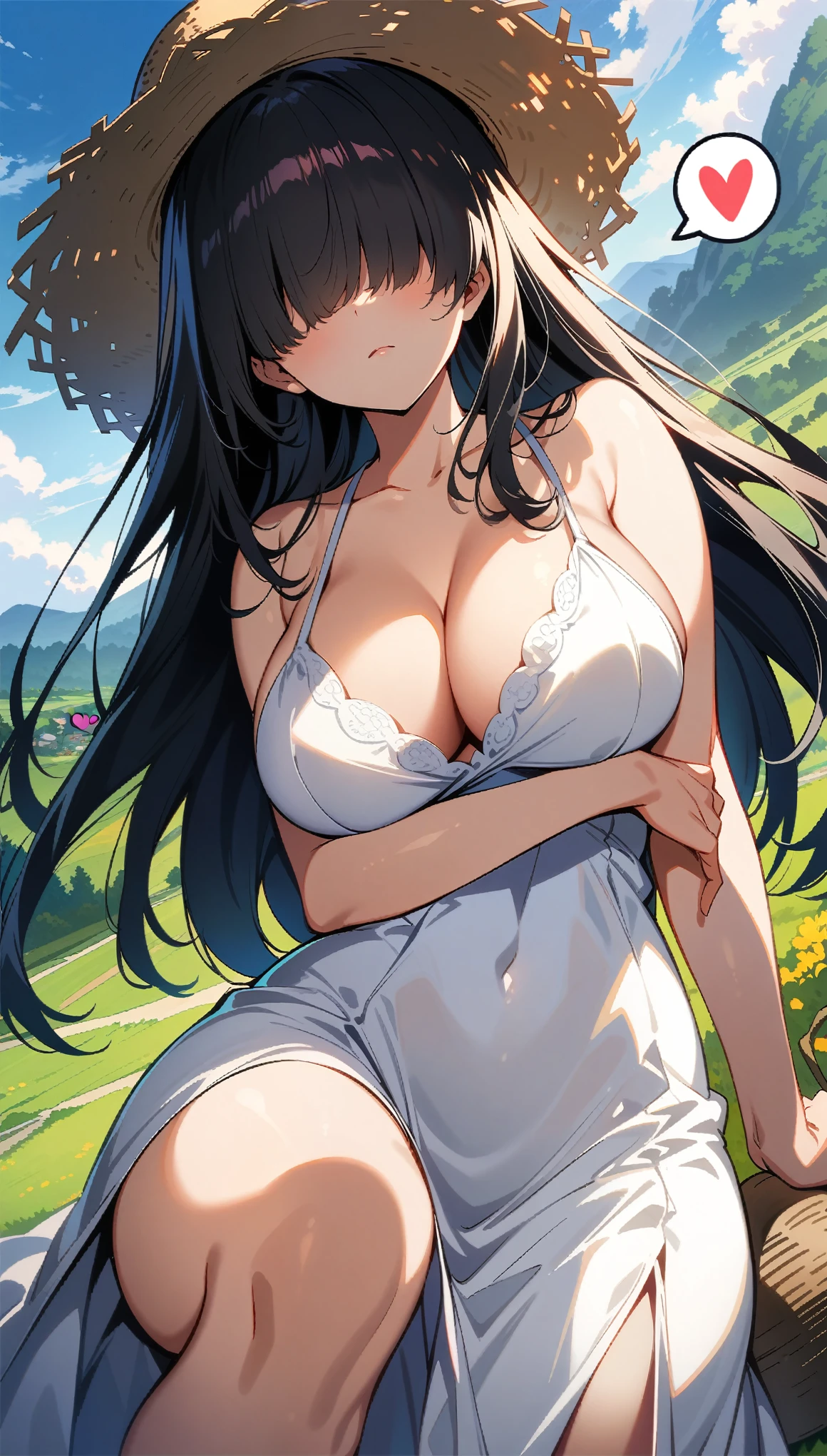 1 woman, black hair, very long hair, cute face, ideal ratio body proportions, blush, (((((hair over eyes))))), (curvy), (((large breasts))), (((large hip))), ((cleavage)), (((Straw hat))), (((White negligee))), ((Expressionless)), ((White dress)), ((Close your mouth)), ((((multiple angle)))), (Rural landscape:1.5), (full_body), (((((spoken heart))))), ((from front)), ((from below)), (((looking down at viewer))), ((32k)), ((best quality)), ((ultra high res)), ((HDR)), ((UHD)), ((extremely detailed CG)), ((unity 32k wallpaper)), ((perfect anatomy)), (((anime colored))),