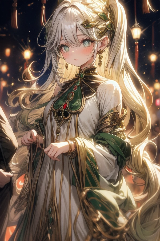 In the midst of a bustling crowd, a young woman stands out with her striking presence. She has long, wavy hair styled in a loose braid that cascades over her shoulder, complementing her delicate features and expressive eyes. Her attire is a fusion of bohemian and ethnic styles, featuring a beautifully patterned shawl draped over a flowing, cream-colored dress adorned with intricate embroidery and small, dangling embellishments. She accessorizes with large, ornate earrings and multiple bangles on her wrist, adding to her eclectic yet elegant look. The warm, soft light illuminates her face, highlighting her gentle expression and the subtle blush on her cheeks. Behind her, the blurred figures of the crowd and faint banners fluttering in the background suggest a lively festival or market, creating a vibrant and dynamic backdrop that contrasts with her serene demeanor.
