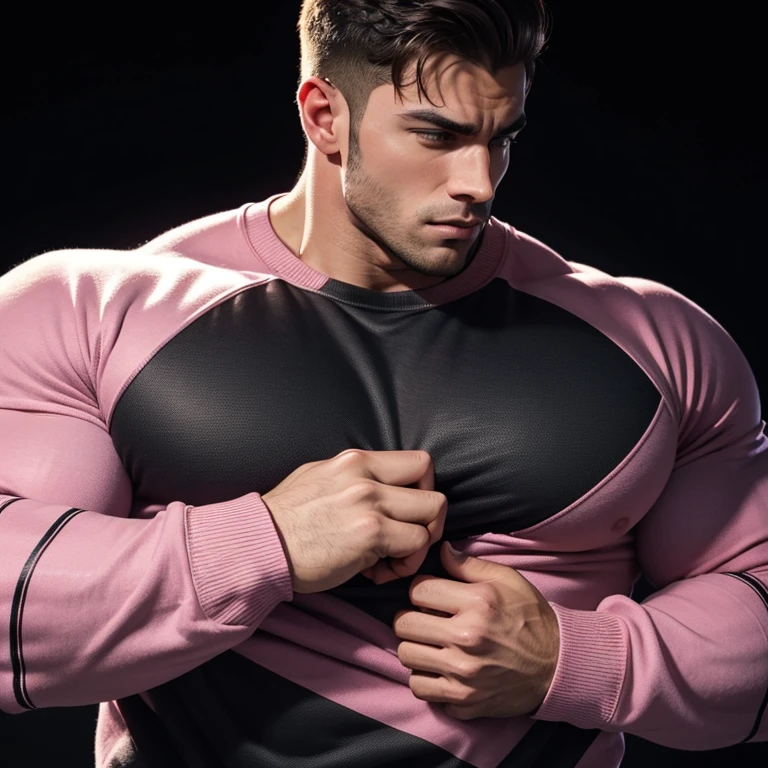 a very handsome young man, massively muscular, with massively large muscles, with massively large biceps, with massively large arms, massively muscular legs, wearing a simple pink sweatshirt with long sleeves, on a black background close up view