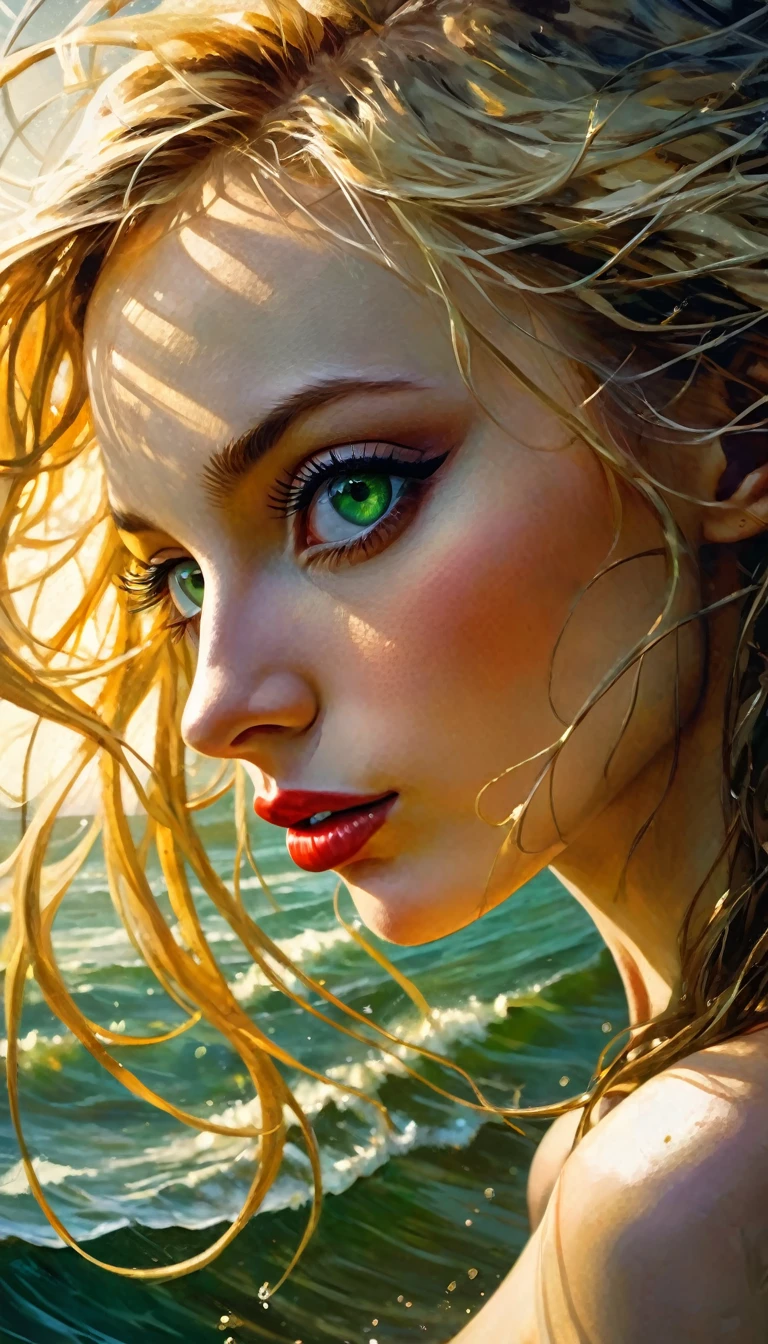 Woman, entering the sea, very big wave, long blonde hair, sexy, messy hair, bikini, green eyes, bright pupils, sun (incomparable beauty: 1.5),rear view, portrait, sharp focus , perfect hands, perfect light, eroticism, sexy, oil painting, sensual, photorealistic, intricate details, masterpiece, ultra detailed, high quality, 8k, best quality, realistic, cinematic, expressionist, powerful composition, emotional impact, (best quality,4k,8k,highres,masterpiece:1.2),ultra-detailed,(realistic,photorealistic,photo-realistic:1.37),intricate details,vivid colors,sharp focus,professional,Dave McKean artwork, oil touch of surrealism,oil painting style,portrait,woman,beautiful detailed eyes,beautiful detailed lips,dreamlike atmosphere,shadow play,soft lighting,playful pose,dark hues,ethereal background,fantasy elements,texture,layered composition.