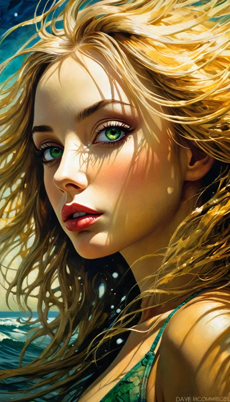 Woman, entering the sea, very big wave, long blonde hair, sexy, messy hair, bikini, green eyes, bright pupils, sun (incomparable beauty: 1.5),rear view, portrait, sharp focus , perfect hands, perfect light, eroticism, sexy, oil painting, sensual, photorealistic, intricate details, masterpiece, ultra detailed, high quality, 8k, best quality, realistic, cinematic, expressionist, powerful composition, emotional impact, (best quality,4k,8k,highres,masterpiece:1.2),ultra-detailed,(realistic,photorealistic,photo-realistic:1.37),intricate details,vivid colors,sharp focus,professional,Dave McKean artwork, oil touch of surrealism,oil painting style,portrait,woman,beautiful detailed eyes,beautiful detailed lips,dreamlike atmosphere,shadow play,soft lighting,playful pose,dark hues,ethereal background,fantasy elements,texture,layered composition.