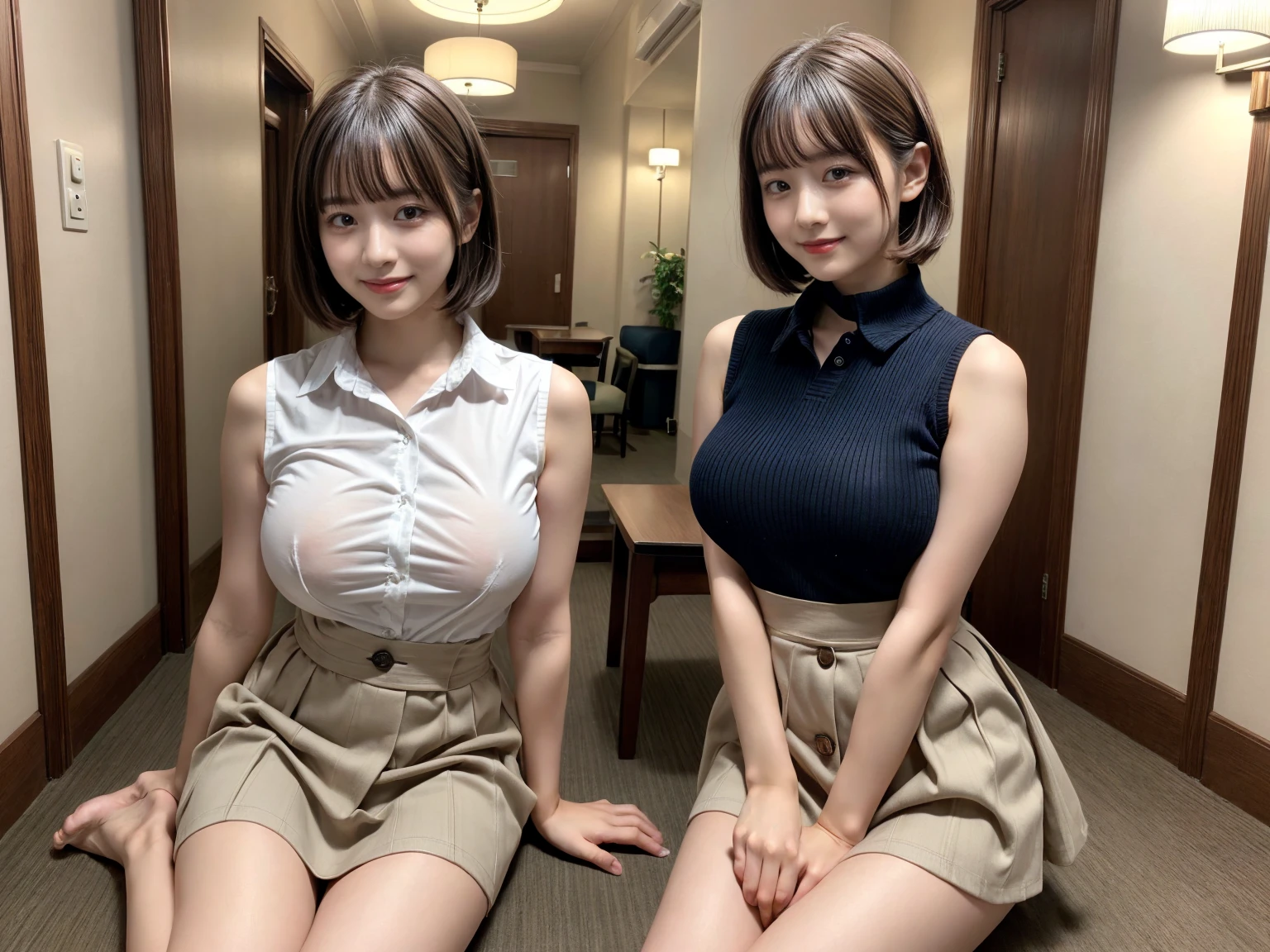 (Looking at me with a smile)、(One woman:1.3)、(Big Breasts)、narrow and constricted waist,、Thin and beautiful legs、(Nobody background)、(whole body)、Short Hair、bed、Tight lace sleeveless see-through blouse with buttons and collar、See-through mini skirt、(Erect nipples:1.1)