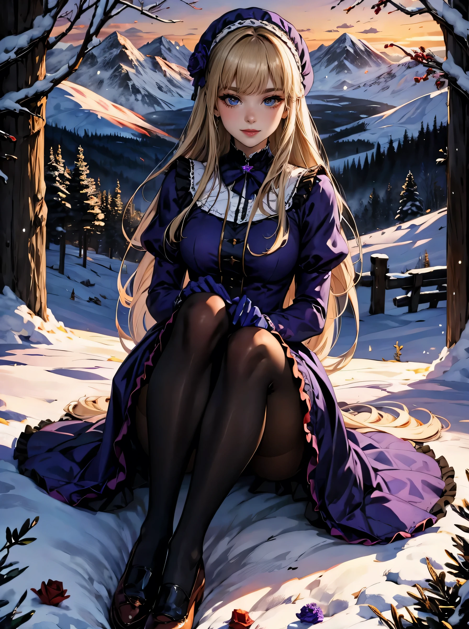 masterpiece, best quality, winter, snow field, 1girl, bangs, blue eyes, blunt bangs, bonnet, brown footwear, blonde hair, maid dress, frills, full body, long hair, long sleeves, looking at viewer, pantyhose, black dress, purple flower, purple rose, rose, shoes, sitting, solo, sky, sun, mountain, forest, lake,