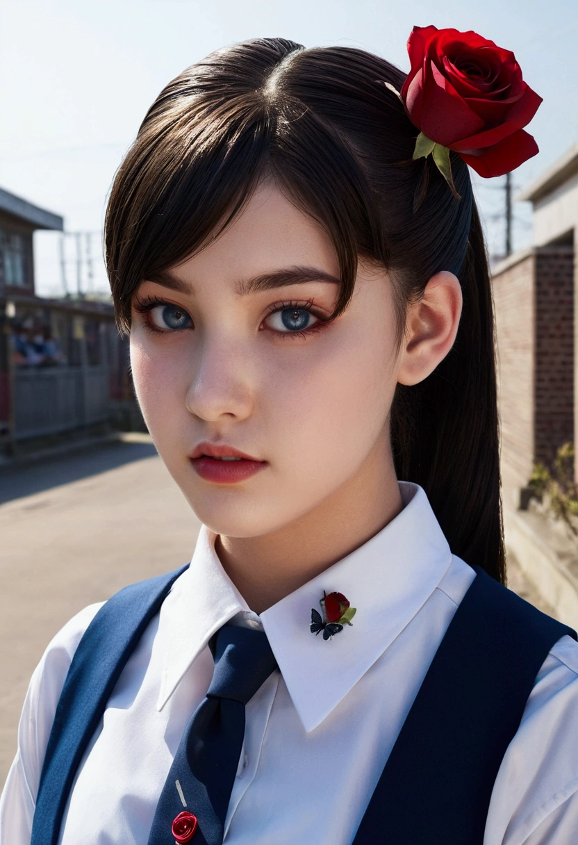 brown-black hair, black eyes, White skin, goose egg face, atmospheric facial features, high, confident and powerful, toned and plump, high school girls, School uniform, coiled hair, Bun, with fork, Red rose, blue butterfly, white rabbit, billboard, official quality, mysterious, Light and shadow, Correct proportions, aesthetics, atmosphere,