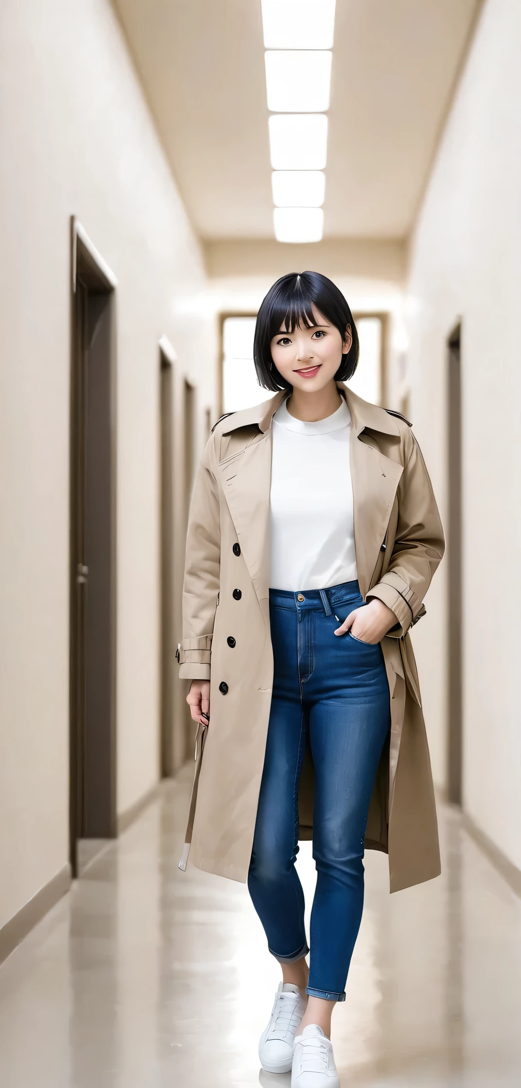 Standing woman、 Full body photo、Proportionate Body, Black Hair、Short Haircut、smile、 trench coat、Skinny jeans、 Wearing white sneakers, Looking into the camera, The background is a corridor inside the building.
