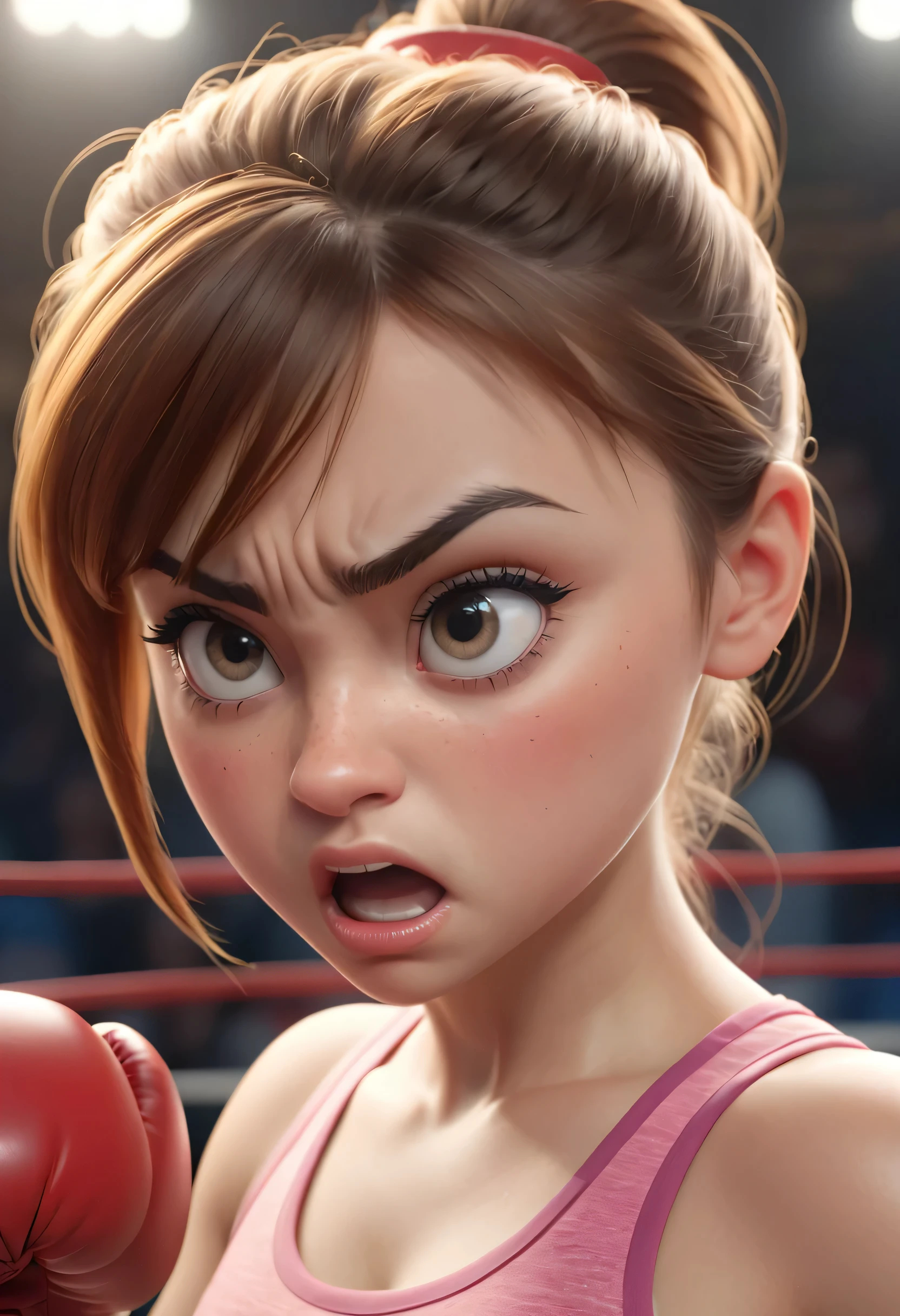 Girl practicing boxing her face so serious in expression. Close up. High quality Pixar hyper realistic image. 4k