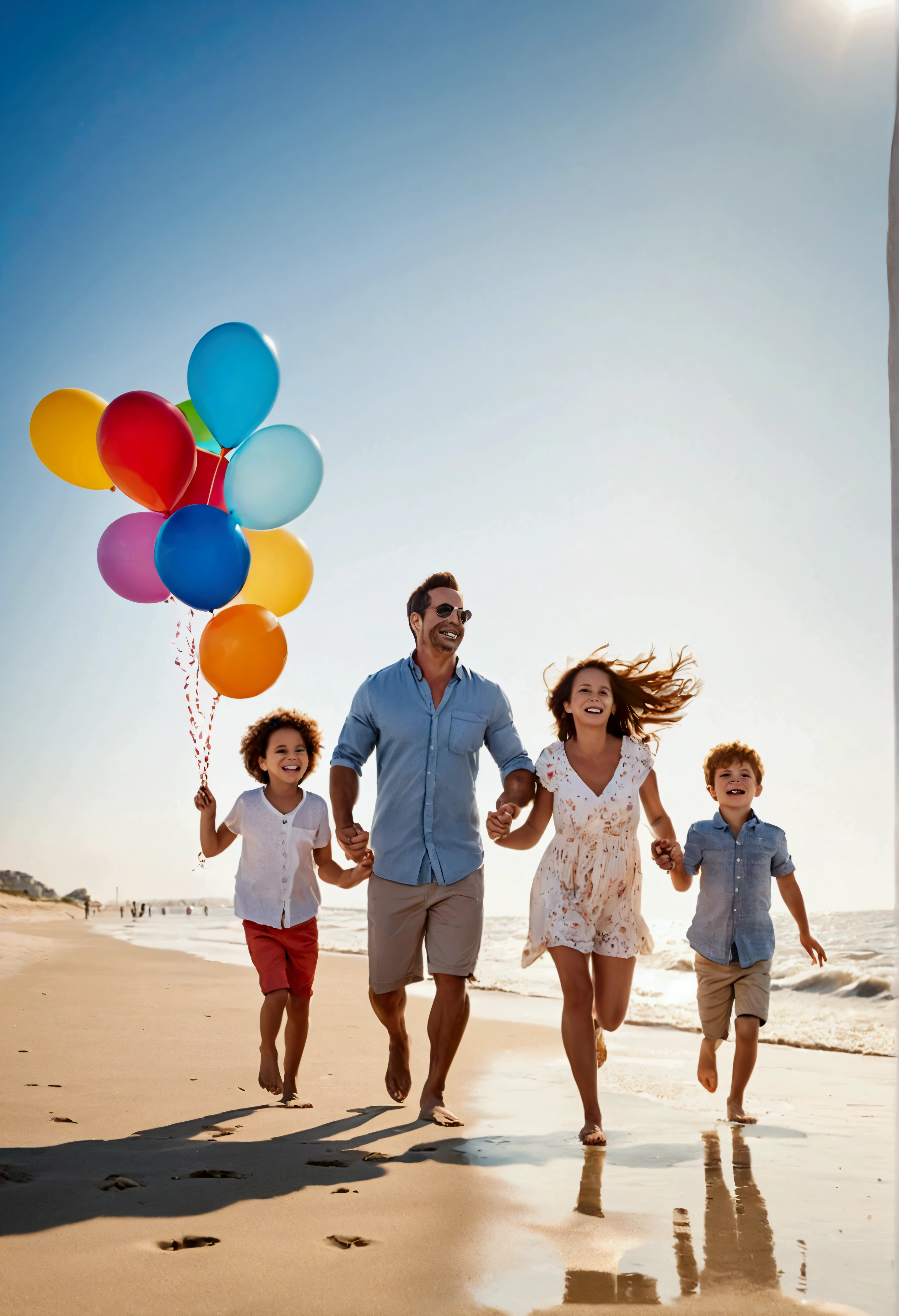 Family of 3 running on the beach with balloons in hand, happy family, people on the beach, sunny day on the beach, sunny sky, Photoshoot, stock, best adobe material, advertising photo, on the beach, shutter, shooting, Good day, (showy), vacation photos, family, vacation, on the beach, sunny day