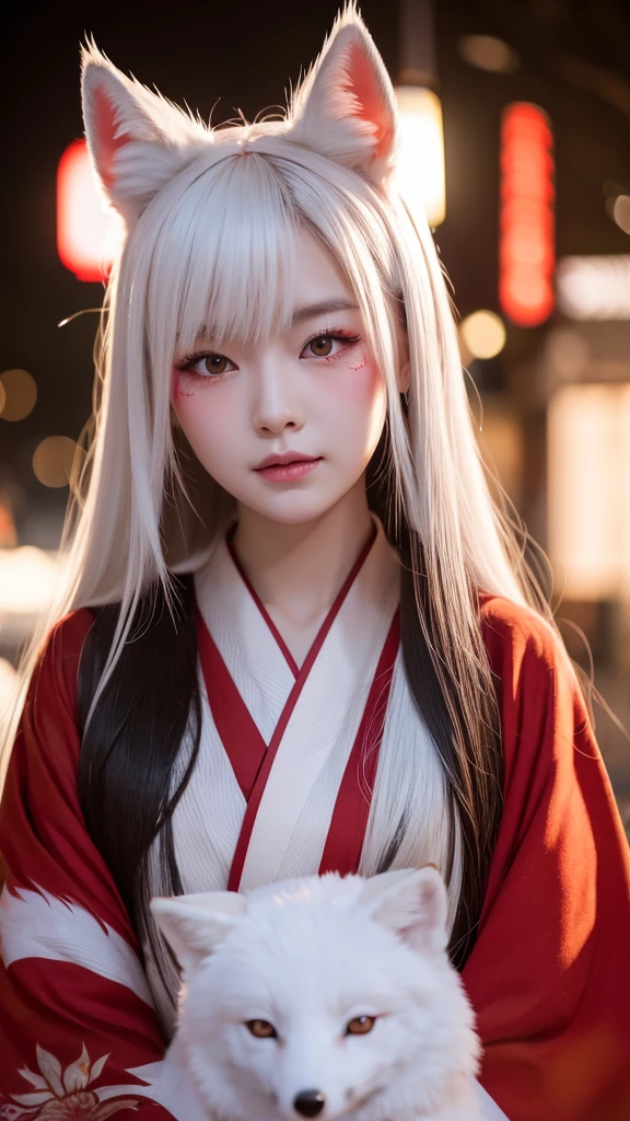 White Demon Fox、Nine-tailed Fox、Japanese women、kimono、Fair skin、Red lines on face、8K、I have long hair、night、front face