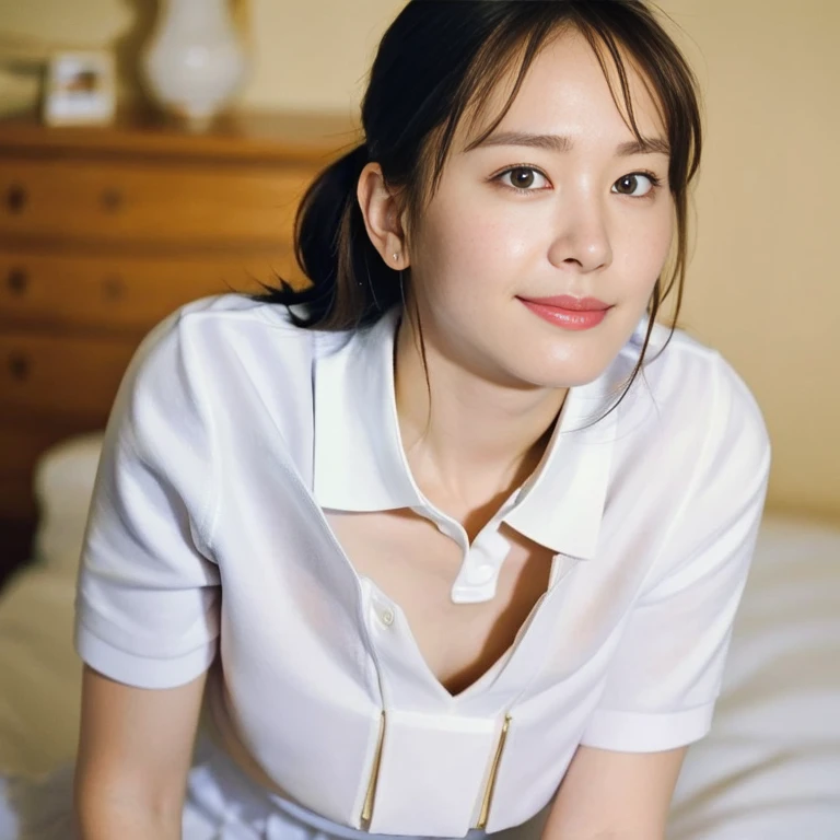 (Masterpiece, Best quality:1.4), (Ultra realistic, Photo-realistic:1.2), Natural light, 28 years old actress, Japanese women, Neat and clean, (Tennis uniform, White short-sleeve polo shirt, Navyblue pleated skirt:1.2), (unbutton:1.3), (Ponytail:1.2), Short wavy hair, Light brown hair color, (Beautiful Face), Oval face, clear, (Beautiful eyes, Kind eyes), (Wet skin:1.4), Clear skin, Small face, (Small mouth), (Beautiful mouth), Natural makeup, Approachable, Luxury hotel Suite room, On bed, Seductive smile, (Seductive pose:1.2), Beautiful thighs, (Bedroom eyes), (nsfw:1.1), (ecstasy), (lesbian couple), (petting together:1.2), obscene reality of girls, Pussy juice stain, (erotic pose:1.2), aragakiyui,