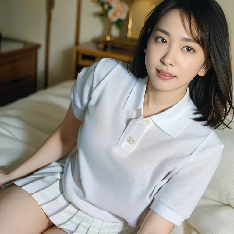 (Masterpiece, Best quality: 1.4), (Ultra realistic, Photo-realistic: 1.2), From above, From side, Full body, Sitting, Looking at viewer, Natural light, 28 years old actress, Japanese women, Neat and clean, ((Wearing white tennis uniform, White short-sleeve polo shirt with collar, Not buttoning the polo shirt, White pleated tennis skirt: 1.3)), (Wearing white sock: 1.1), (Ponytail: 1.2), (Beautiful face), Oval face, clear, Beautiful eyes, Kind eyes, Clear skin, Small face, Beautiful mouth, Small mouth, Natural makeup, Approachable, Seductive smile, (Seductive pose: 1.3), (Beautiful thighs: 1.2), Bedroom eyes, Embarrassed, Blush, Luxury hotel Suite room, On bed,