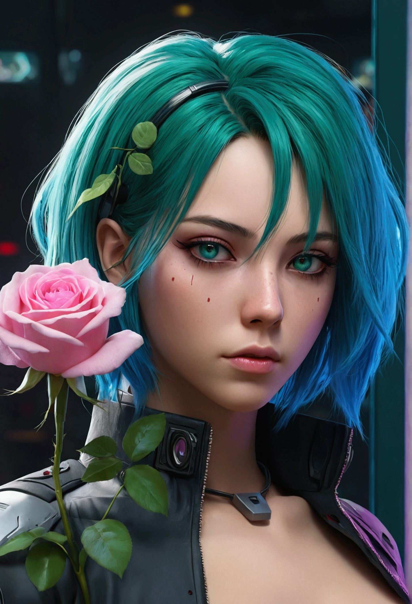 femme, Caractère réaliste, cheveux verts avec des mèches roses, yeux bleus, animé, seul, moderne, cyberpunk