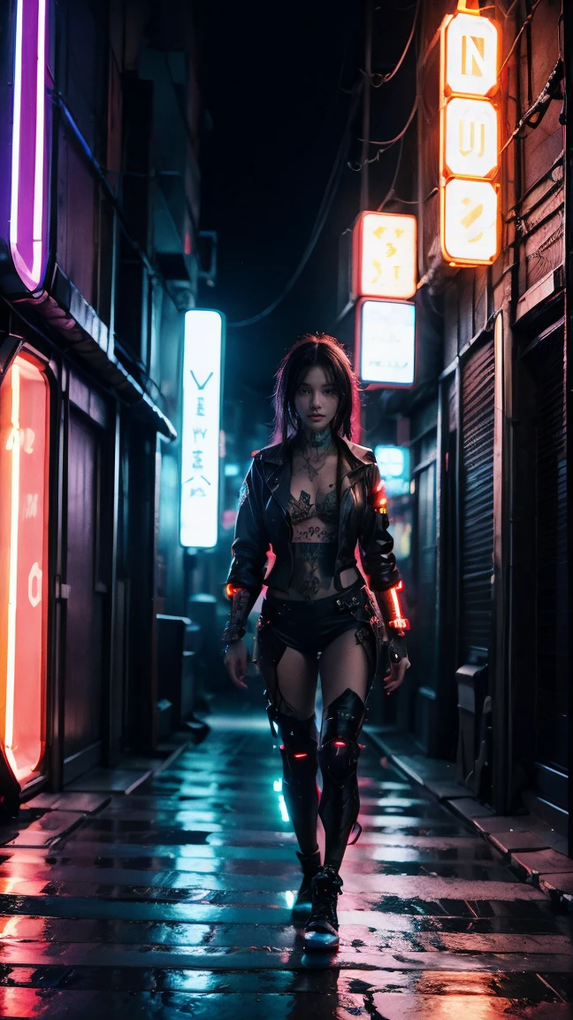A mysterious warrior woman standing in a neon-lit alleyway at night, with glowing tattoos and a futuristic weapon. The scene is dark and moody, with ambient reflections from neon signs. [LoRA: CyberPunk_ArtStyle 0.7, Futuristic_Cityscapes 0.6].