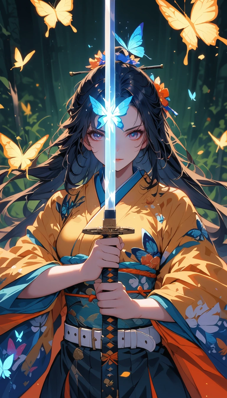swordsman,1 Girl,animal,animal print,belt,belt Buckle up,Black Hair,blue Butterfly,Buckle up,Vulnerabilities,Butterfly,Butterfly Hair accessories,Butterfly on hand,Butterfly print,forehead,glowing Butterfly,Gradient hair,Hair accessories,Feather,Keep,Keep sword,Keep arms,Japanese clothes,Samurai sword,Section Chief Shinobu,Long hair,Long sleeve,petal,Solitary,sword,arms,white belt,white Butterfly,Wide sleeves,yellow Butterfly,Keep sword with both hands,sword focus