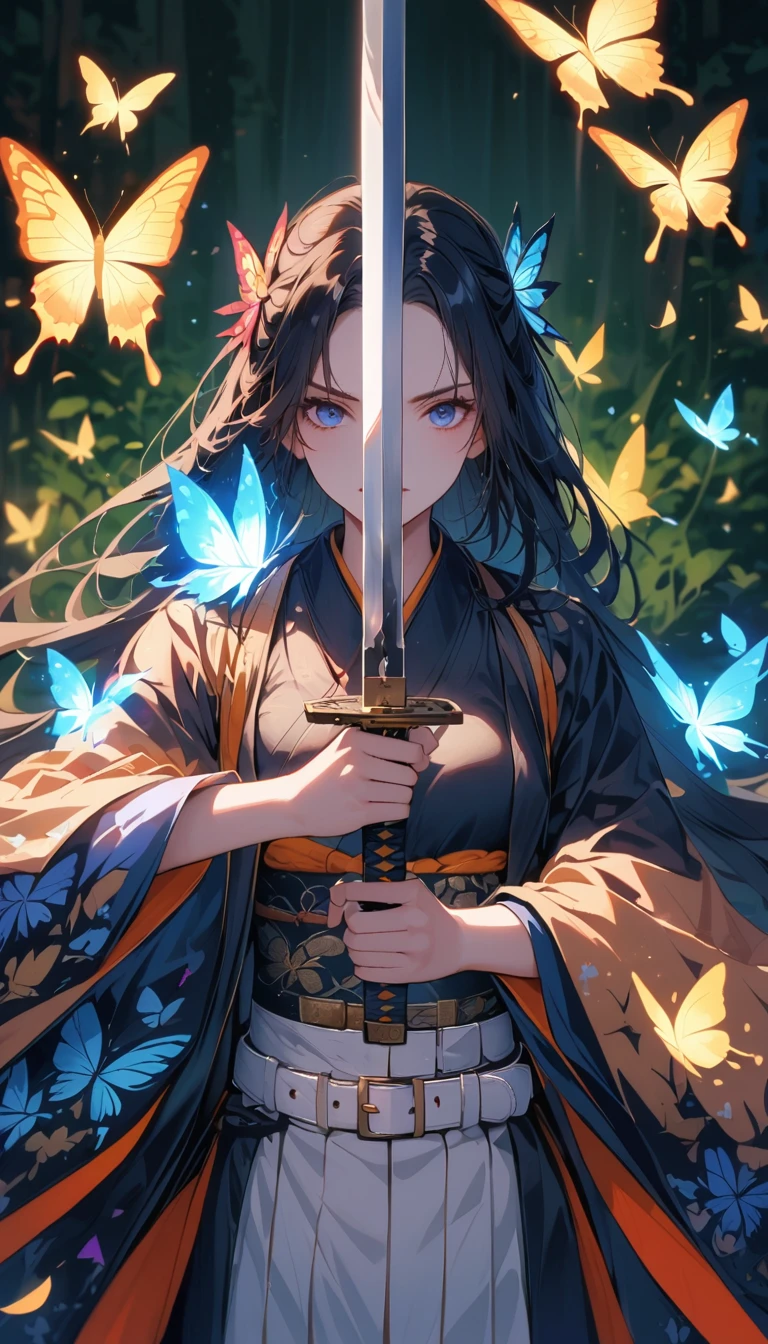 swordsman,1 Girl,animal,animal print,belt,belt Buckle up,Black Hair,blue Butterfly,Buckle up,Vulnerabilities,Butterfly,Butterfly Hair accessories,Butterfly on hand,Butterfly print,forehead,glowing Butterfly,Gradient hair,Hair accessories,Feather,Keep,Keep sword,Keep arms,Japanese clothes,Samurai sword,Section Chief Shinobu,Long hair,Long sleeve,petal,Solitary,sword,arms,white belt,white Butterfly,Wide sleeves,yellow Butterfly,Keep sword with both hands,sword focus