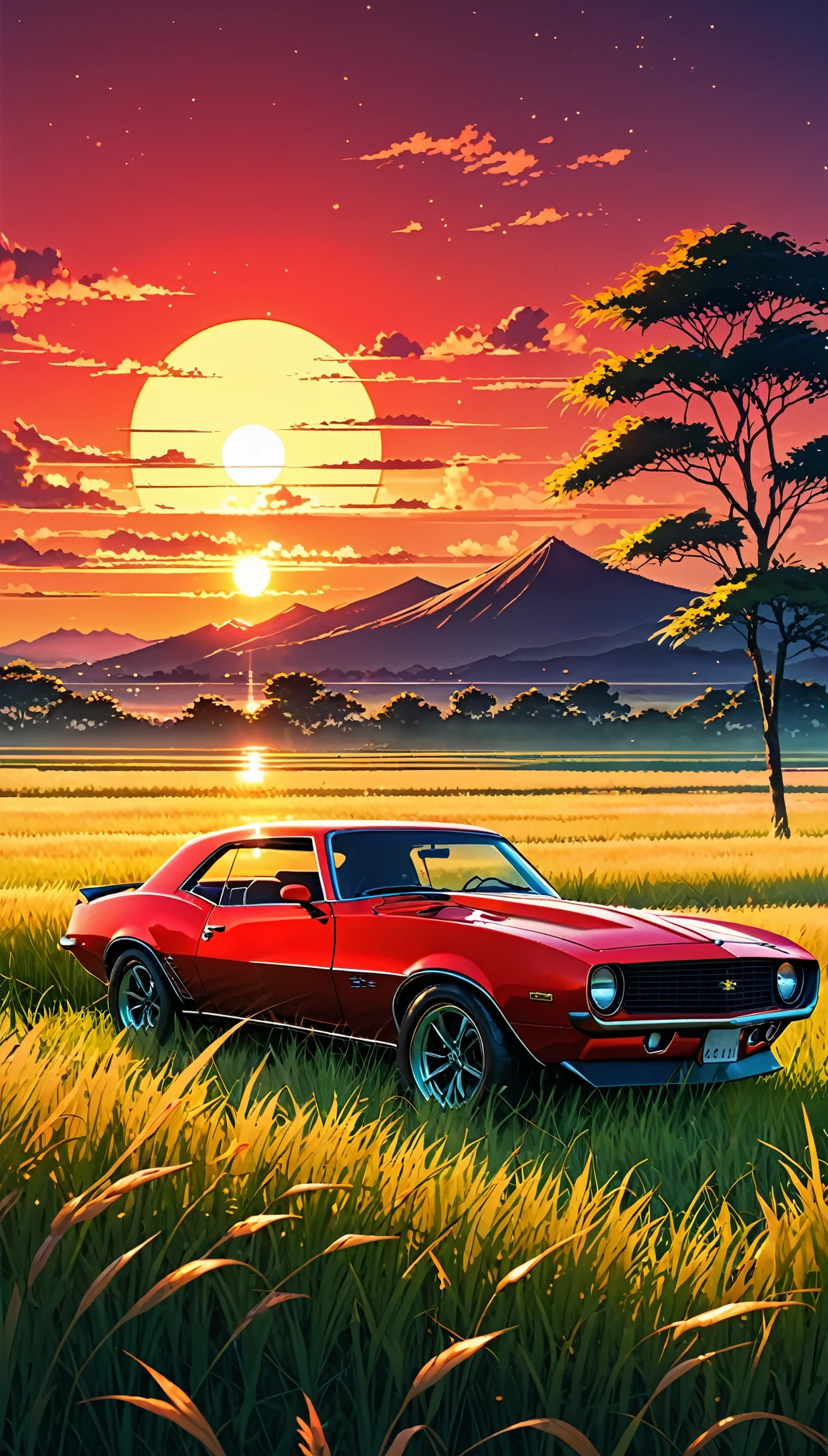 anime landscape of a classic red Camaro sitting in a field of tall grass with a sunset in the background.beautiful anime scene, beautiful anime peace scene, makoto shinkai cyril rolando, beautiful anime scene, amazing wallpaper, anime art wallpaper 8k, animated background, artistic animated background, 4k anime wallpaper, 4k anime art wallpaper, Anime Wallpaper Art 4K,