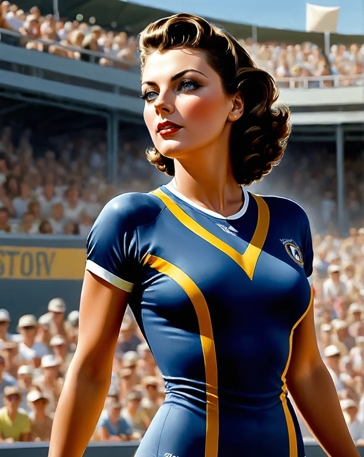 Beautiful 23 yo Woman with classic face, she looks alike Greta Garbo wears Beach Volley Jersey at the Beach Volley Tournament, Elegant Self confidence and smart, ultra sharp focus, photo realistic painting with Don Lawrence style