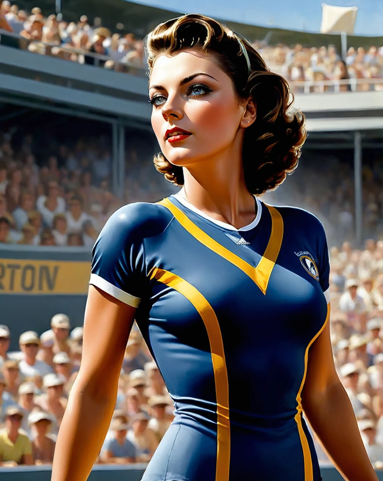 Beautiful 23 yo Woman with classic face, she looks alike Greta Garbo wears Beach Volley Jersey at the Beach Volley Tournament, Elegant Self confidence and smart, ultra sharp focus, photo realistic painting with Don Lawrence style