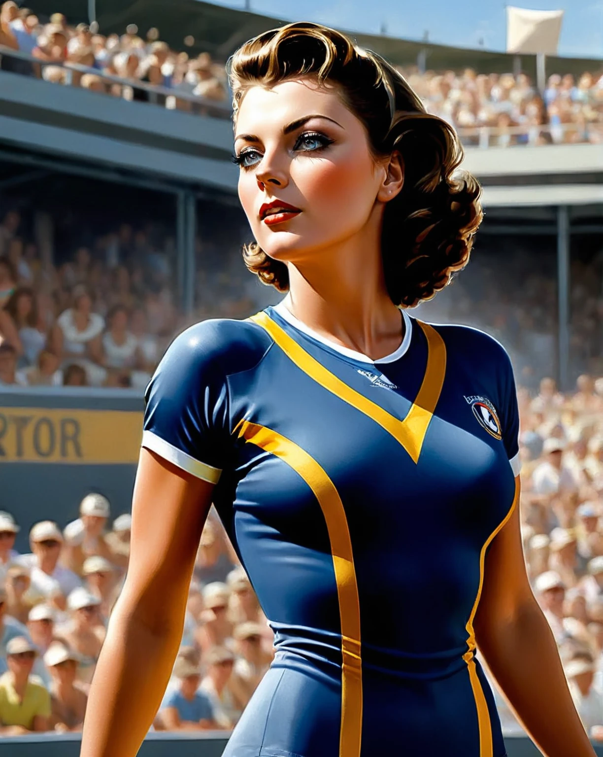 Beautiful 23 yo Woman with classic face, she looks alike Greta Garbo wears Beach Volley Jersey at the Beach Volley Tournament, Elegant Self confidence and smart, ultra sharp focus, photo realistic painting with Don Lawrence style
